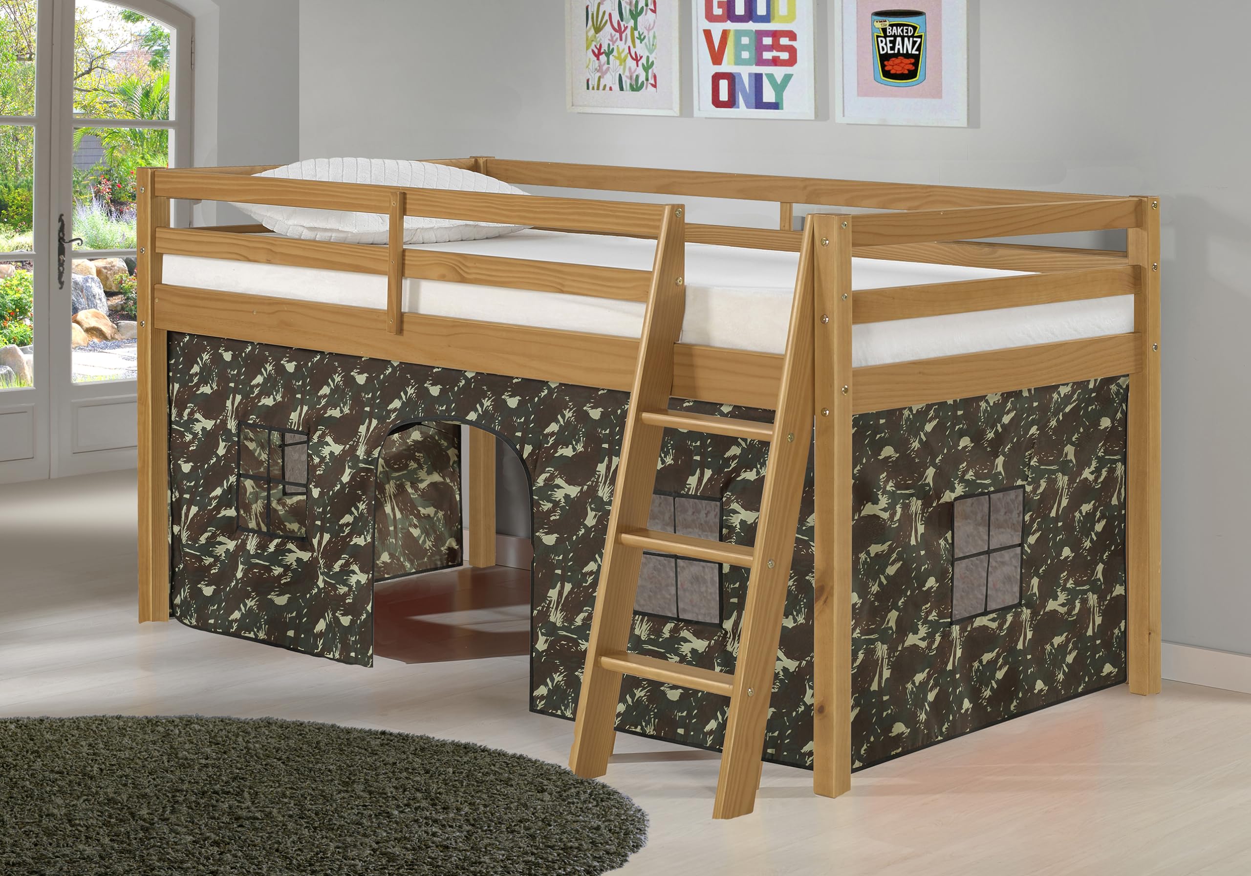Roxy Junior Loft Bed Twin Size - Cinnamon Finish with Green Camo Bottom Tent, Safety Guardrails & Versatile Ladder | Machine-Washable Playhouse Tent for Kids Bedroom | Perfect for Small Spaces, Sleepovers & Playtime Adventures