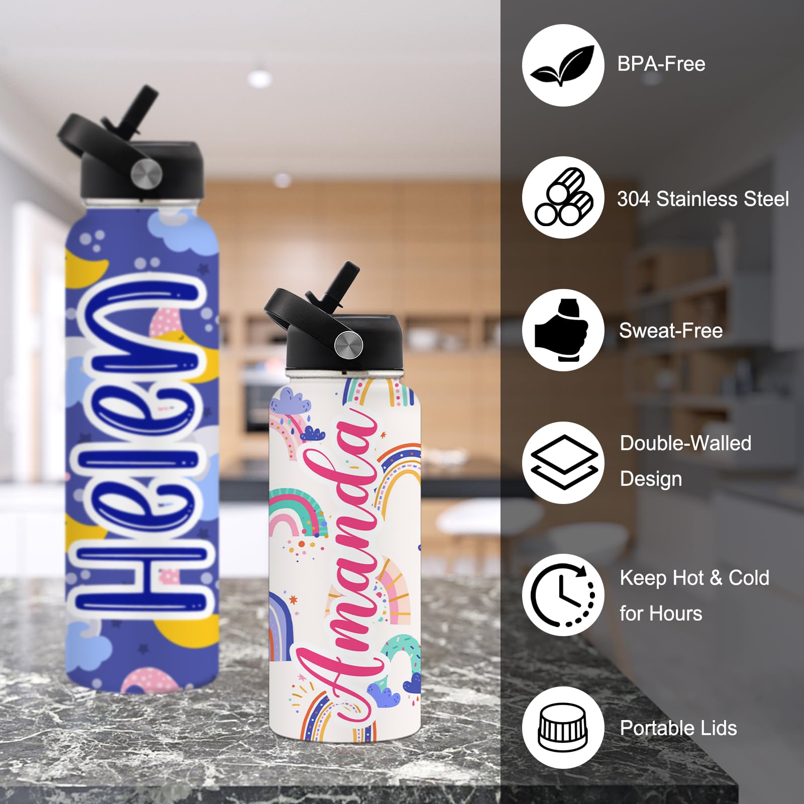 Custom Personalized Stainless Steel Water Bottle with Straw Lid - 18oz/24oz/32oz Insulated Cute Printed Bottle - Great for School, Sports, Gym & Outdoor Activities - Perfect Back to School Gift with Name Engraving