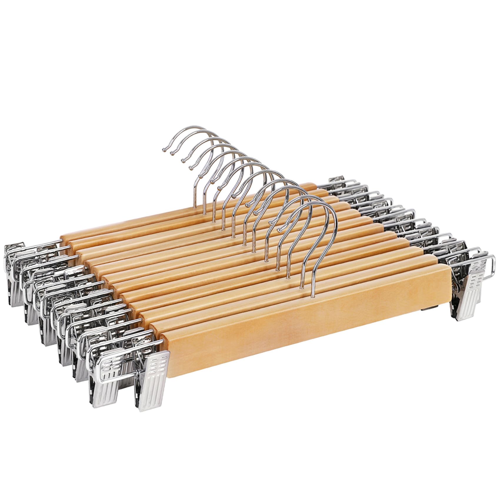 SONGMICS 12 Pack Wooden Pants Hangers with Adjustable Anti-Rust Metal Clips - 360° Swivel Hook for Pants, Skirts, Trousers - Natural Grain Wood Closet Organizer for Home, Office & Retail Display