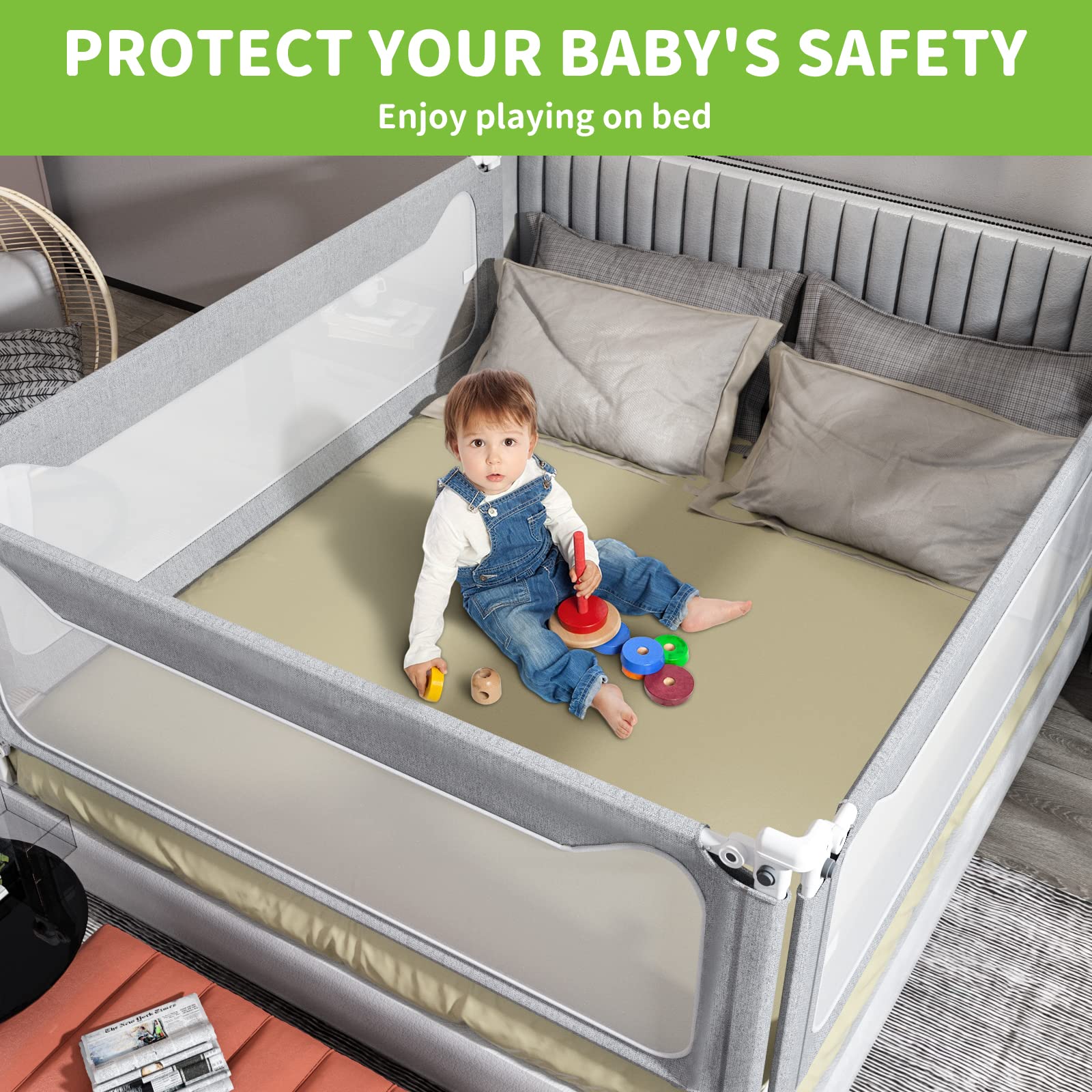 Melafa365 Adjustable Toddler Bed Rails - Safety Guard for Twin, Full, Queen & King Size Beds (Gray, 59