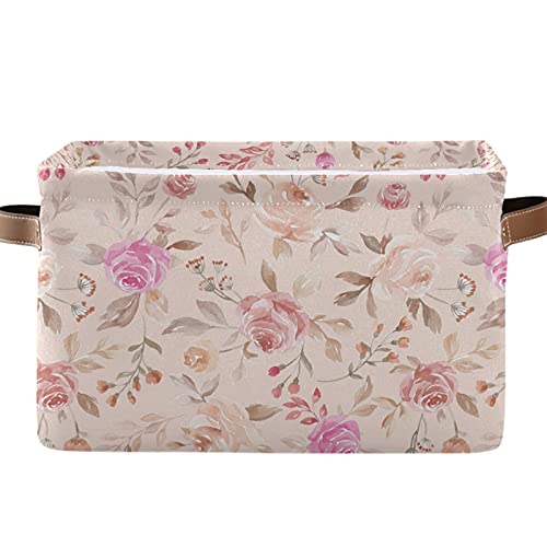 2 Pack Collapsible Storage Baskets with PU Handles - Waterproof Nursery Laundry Organizer, Kids Toy Storage Bin in Tropical Floral Design (Pink/Purple Rose) - Perfect for Bedroom, Playroom & Bathroom Organization