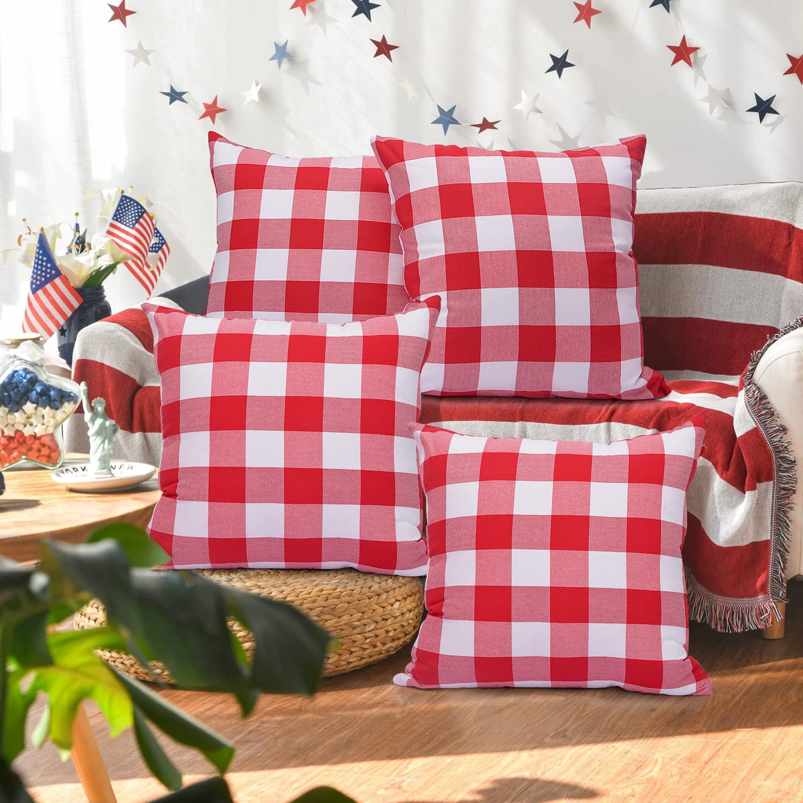 Yuboo Red and White Gingham Pillow Covers Set of 4 - 18x18 Inch Buffalo Plaid Throw Pillow Covers for Couch, Sofa, Valentine's Day, Mother's Day & 4th of July Decor - Perfect for Farmhouse, Rustic & Holiday Home Decor