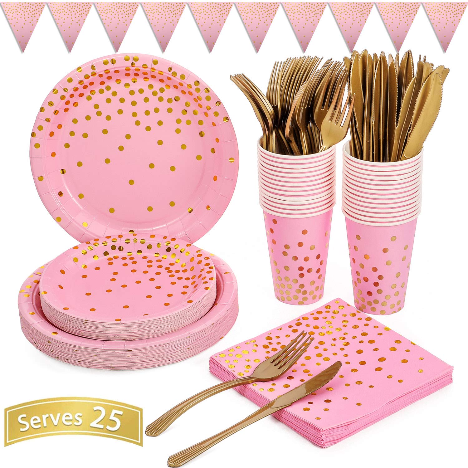 Elegant Pink & Gold Party Supplies Set - 150PCS Golden Dot Paper Dinnerware Includes Plates, Napkins, Cutlery & 12oz Cups with Banner - Perfect for Bachelorette Parties, Girls Birthday Celebrations & Baby Showers (Serves 25 Guests) - Ideal for Bridal Showers, Gender Reveals & Elegant Themed Events