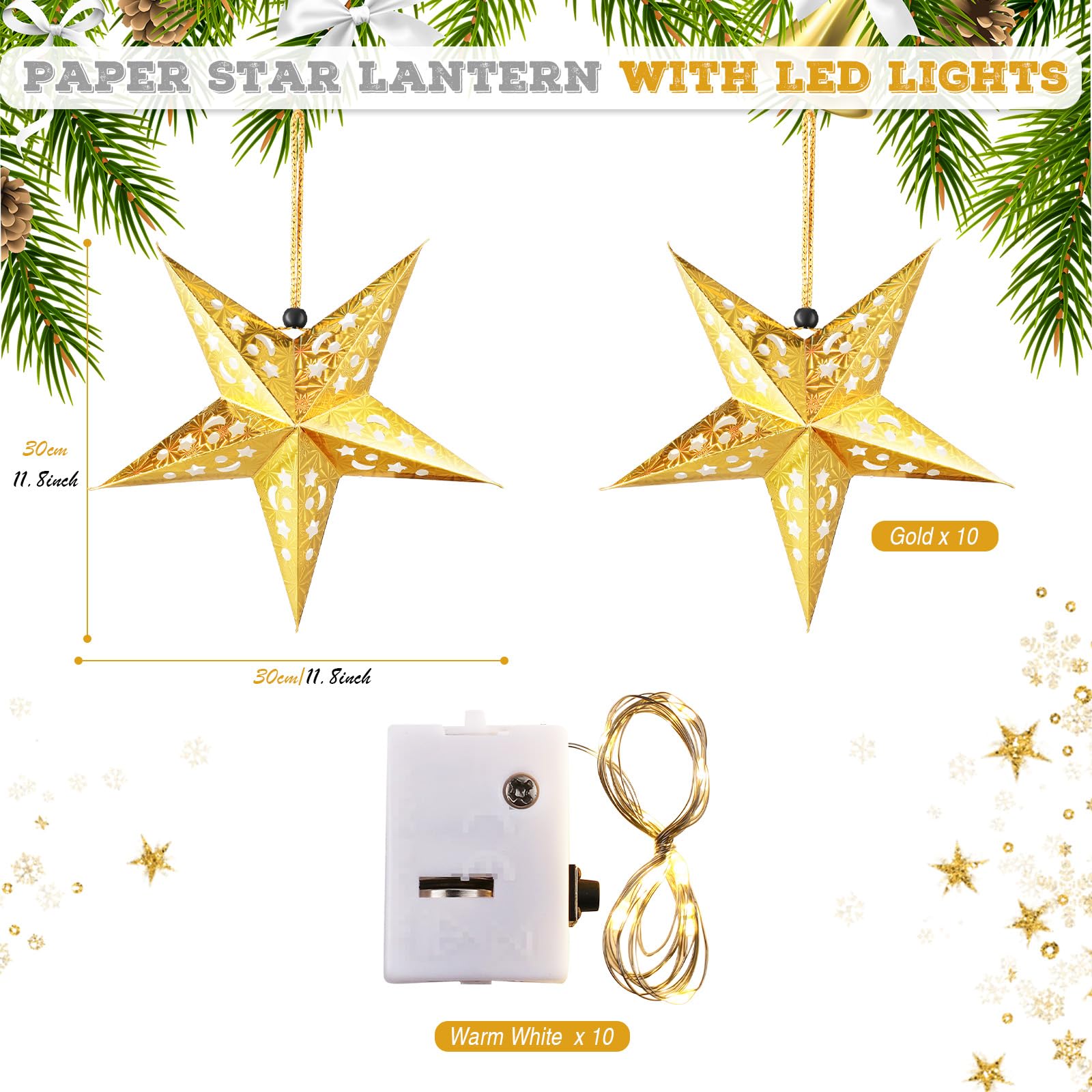 10 Pack 3D Christmas Paper Star Lanterns with LED Lights - Hanging Party Decorations for Xmas, Independence Day, Home, Wedding & Outdoor Events