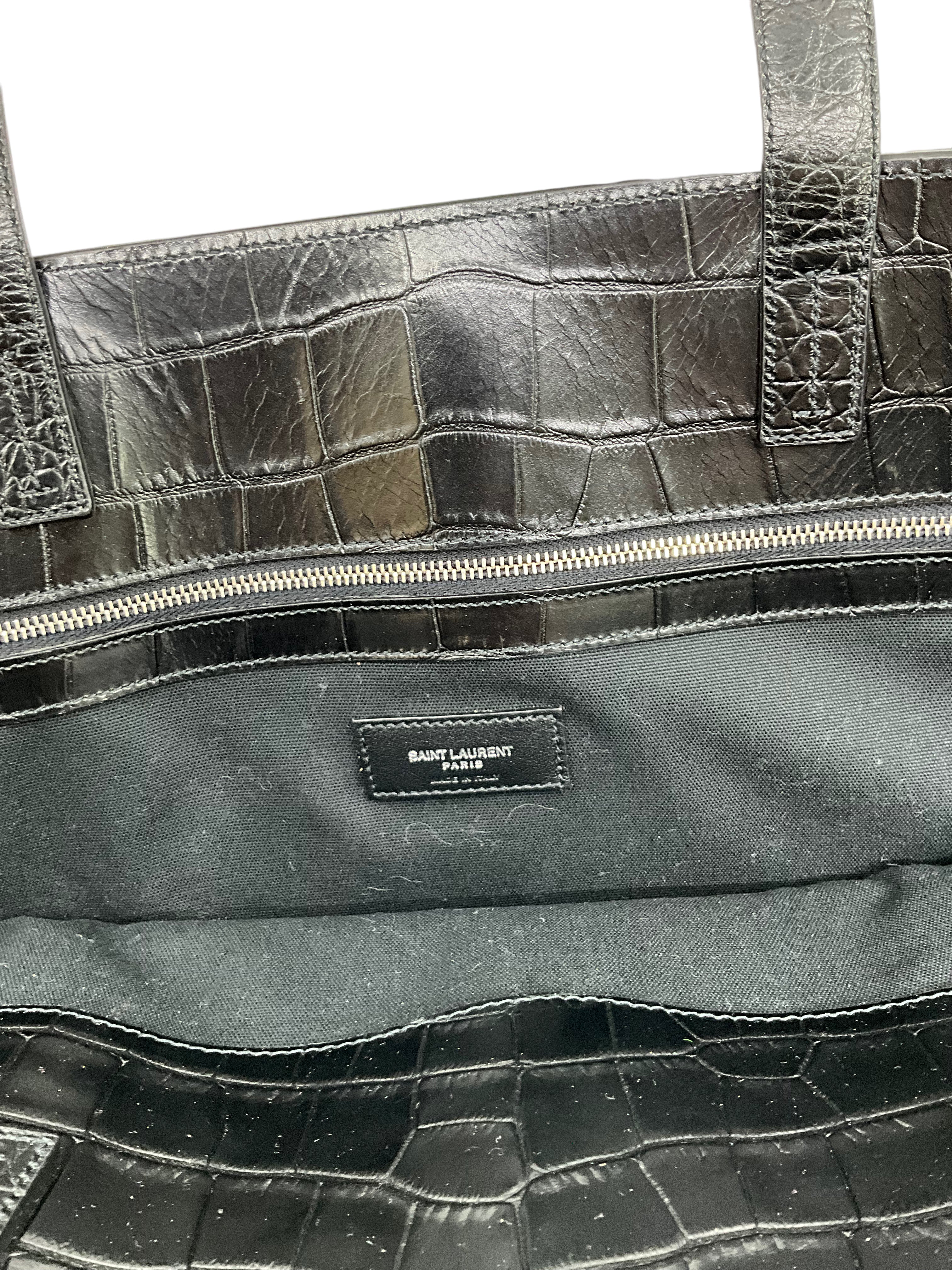 SAINT LAURENT Manhattan Crocodile Embossed Leather Large Travel Bag Satchel for Women - Perfect for Business Trips, Weekend Getaways & Luxury Travel Accessories