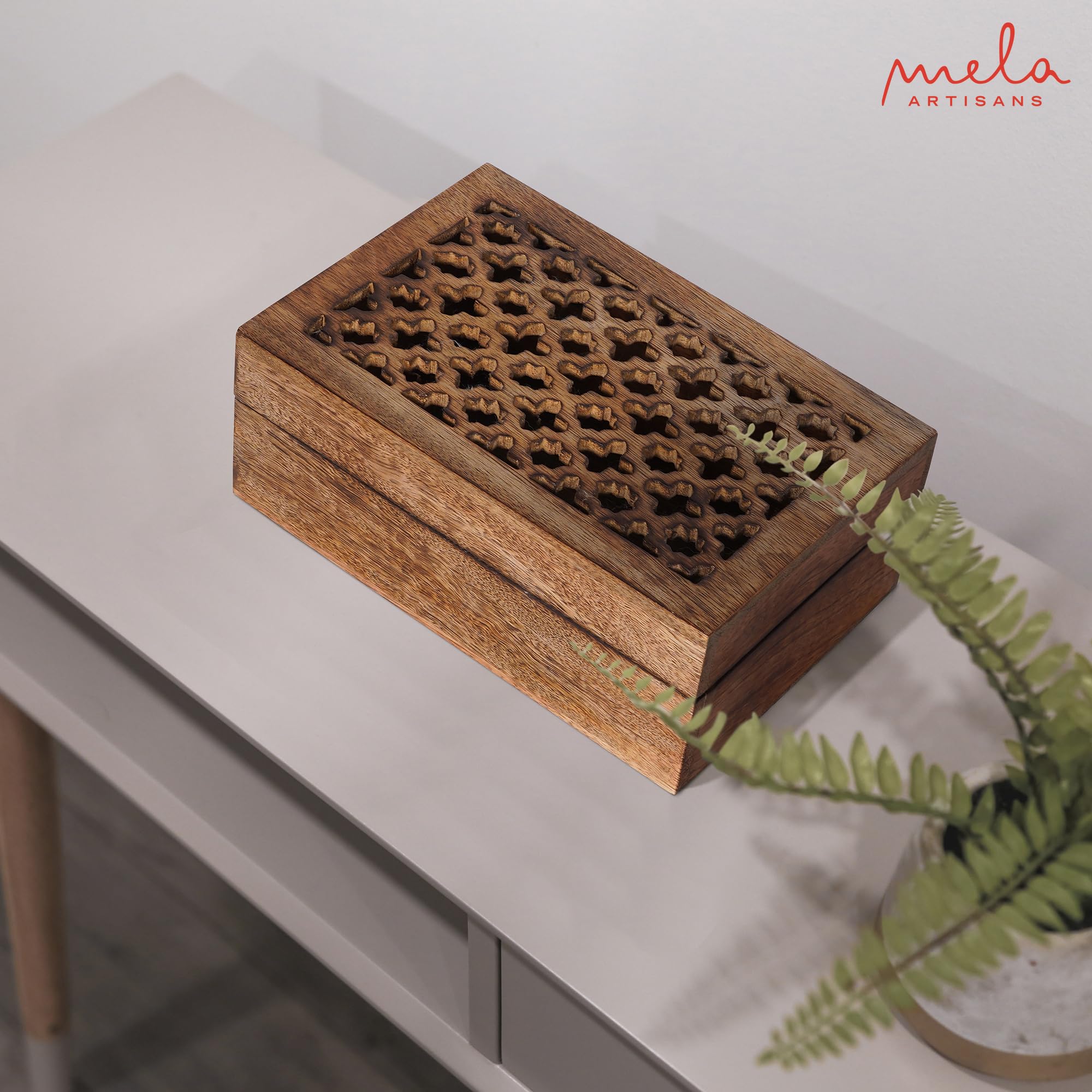 Handmade Burnt Mango Wood Decorative Box with Lid - Large Trellis Keepsake Box for Jewelry, Photos & Memories | 9 x 6 x 3.5 Inches | Rustic Home Decor, Wedding Gift, Storage Organizer