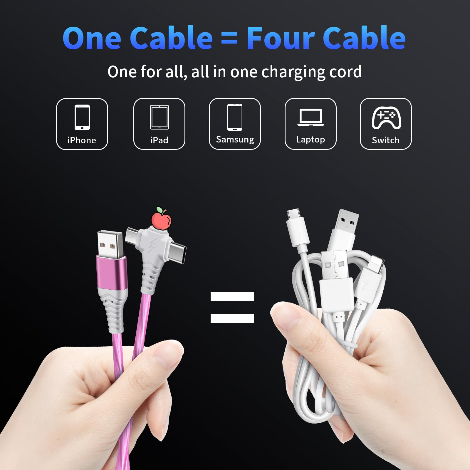 Vuanke 3-in-1 Fast Charging Cable 6.6ft USB to Phone/Type C/Micro USB - Compatible with iPhone 13, Galaxy S24/S23, iPad - Pink | Multi-Device Charging for Home, Office & Travel