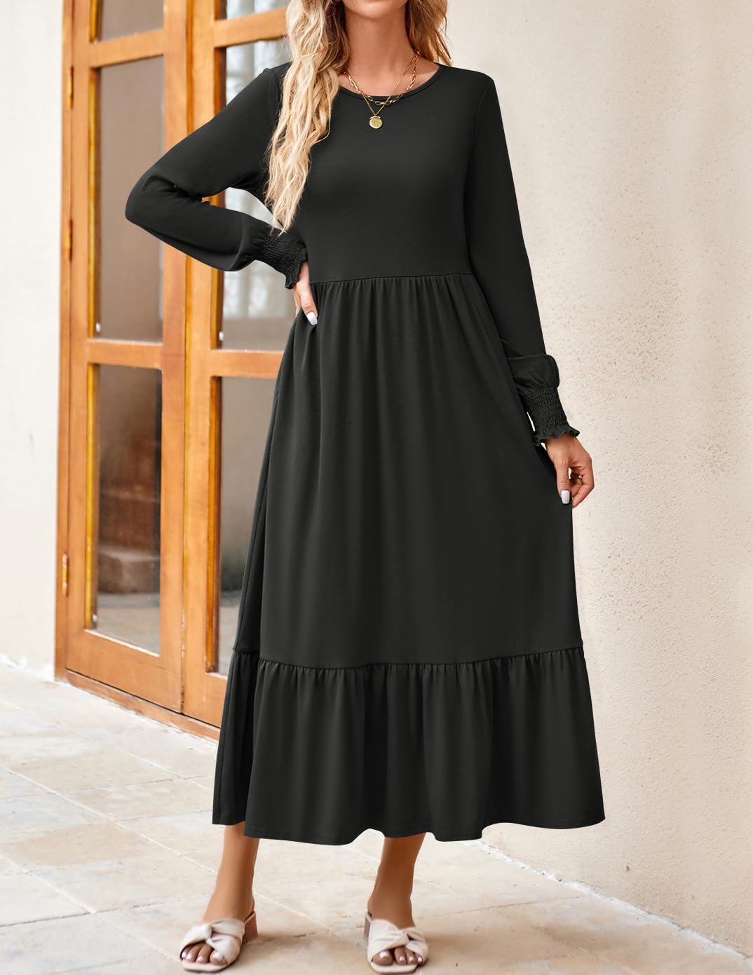ZESICA Women's Long Sleeve Pleated Swing Dress - Crewneck Casual Loose Tiered Midi Dress with Pockets for Spring 2025 | Perfect for Office, Date Night & Weekend Outings