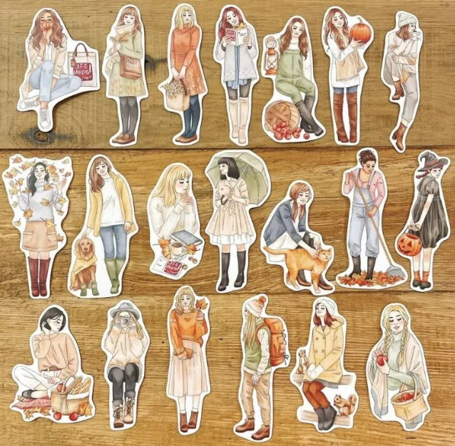 Autumn Dreams Girls Stickers in Tin - Cafe Analog X Windry R - Cute Fall-Themed Stickers for Scrapbooking, Journals, and DIY Crafts