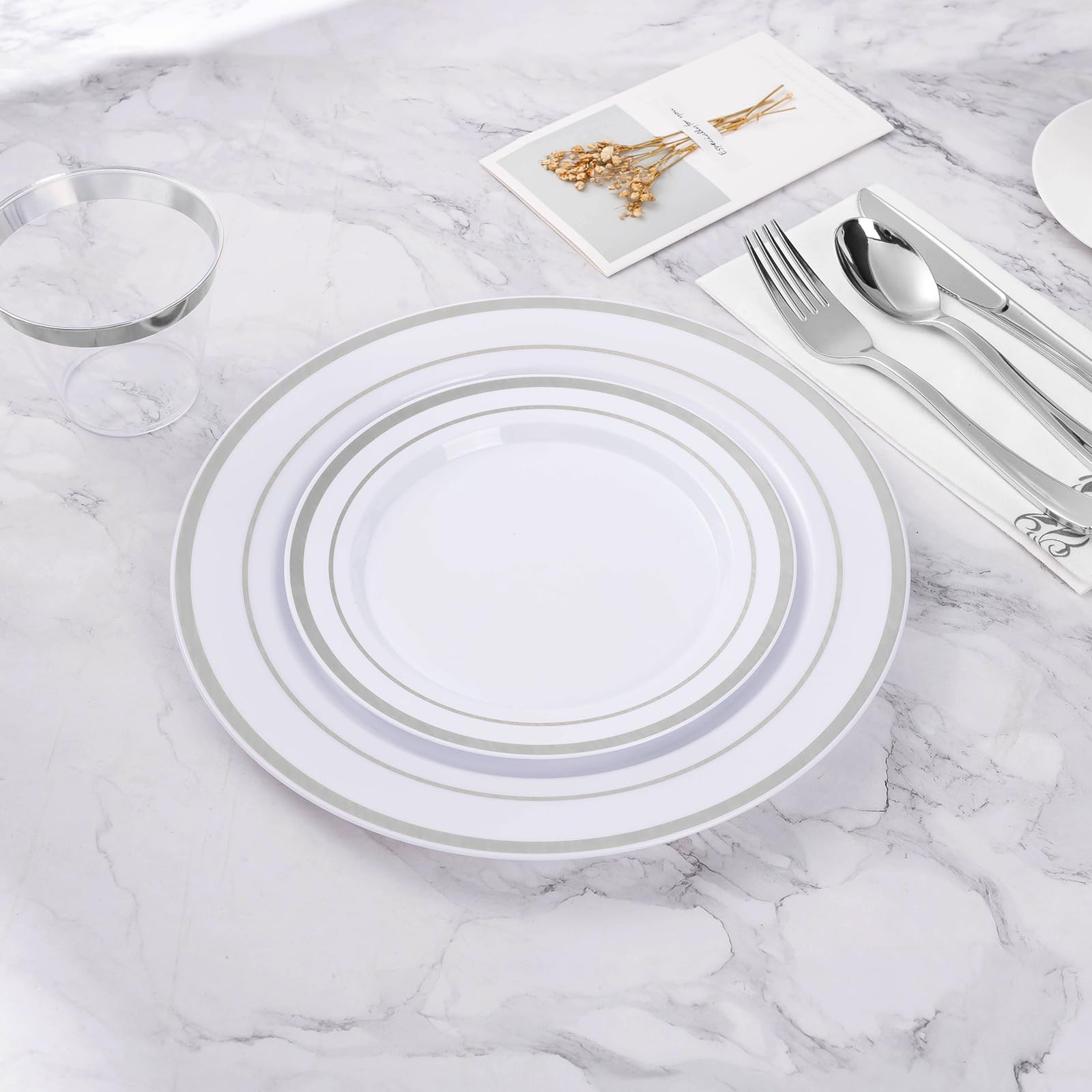200PCS Silver Disposable Plastic Plates - 100 Dinner Plates & 100 Dessert Plates for Party, Wedding, Birthday Celebrations - Elegant & Convenient Tableware for Events, Catering & Home Gatherings