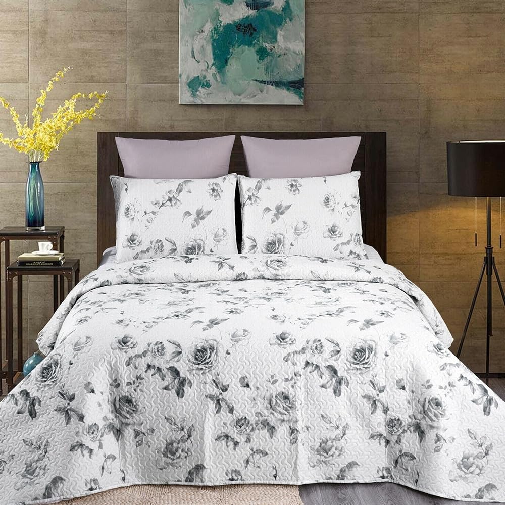 King Size 3-Piece Quilt Set with Matching Pillow Shams - Gray Floral Bedspread for Master Bedroom, Guest Room & Cozy Home Decor