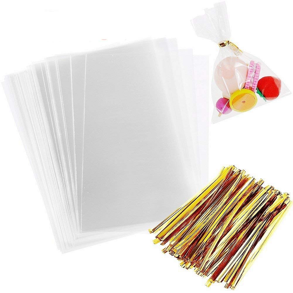 JZK 200 Clear Rectangle Cellophane Treat Bags with Ties for Candy, Snacks & Confetti - Perfect for Wedding Favors, Birthday Parties, Christmas, Halloween & Baby Showers