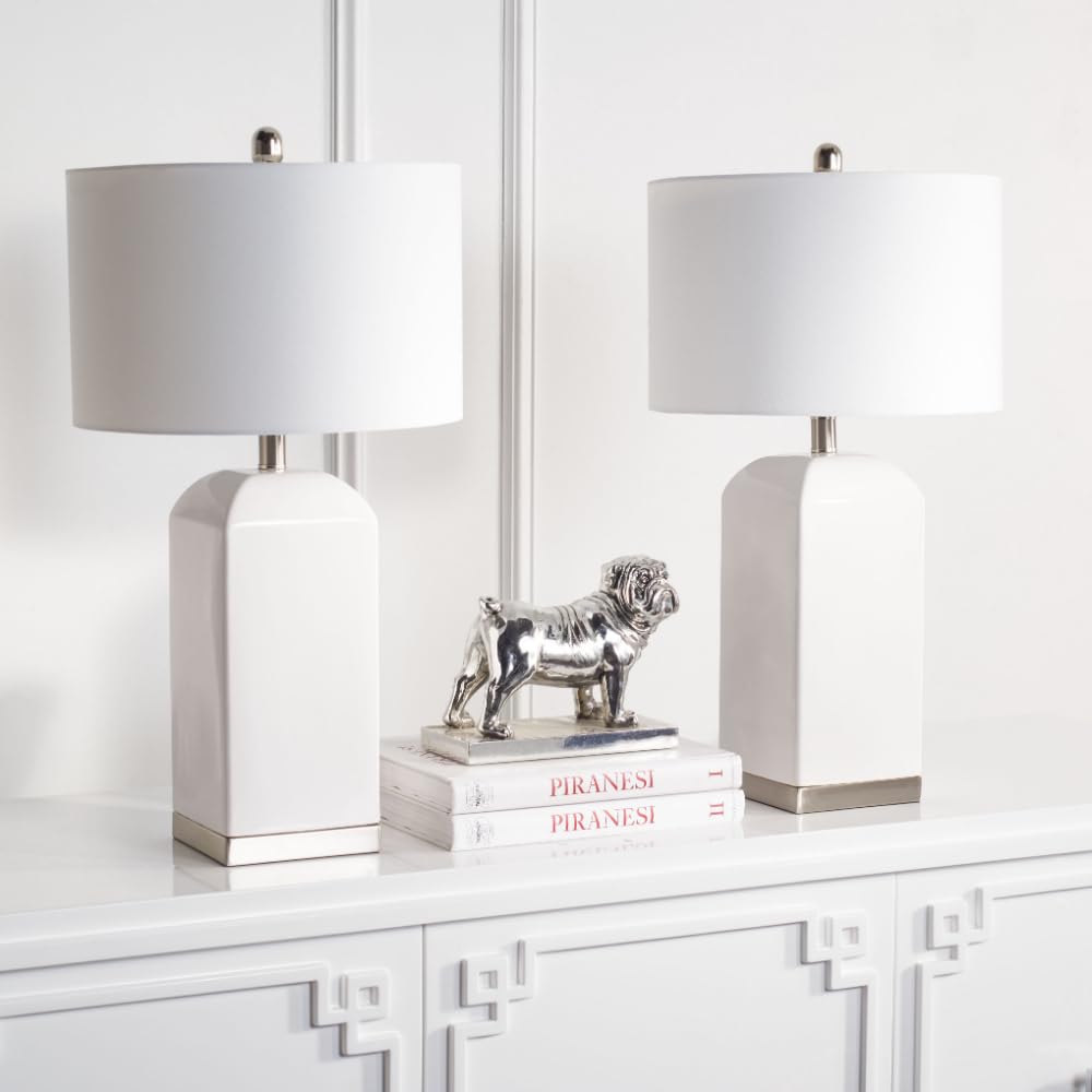 SAFAVIEH Lighting Ernia Modern White Ceramic 27-Inch Table Lamp Set of 2 with LED Bulbs - Bedside, Living Room, Home Office, Nightstand Lighting for Cozy Ambiance