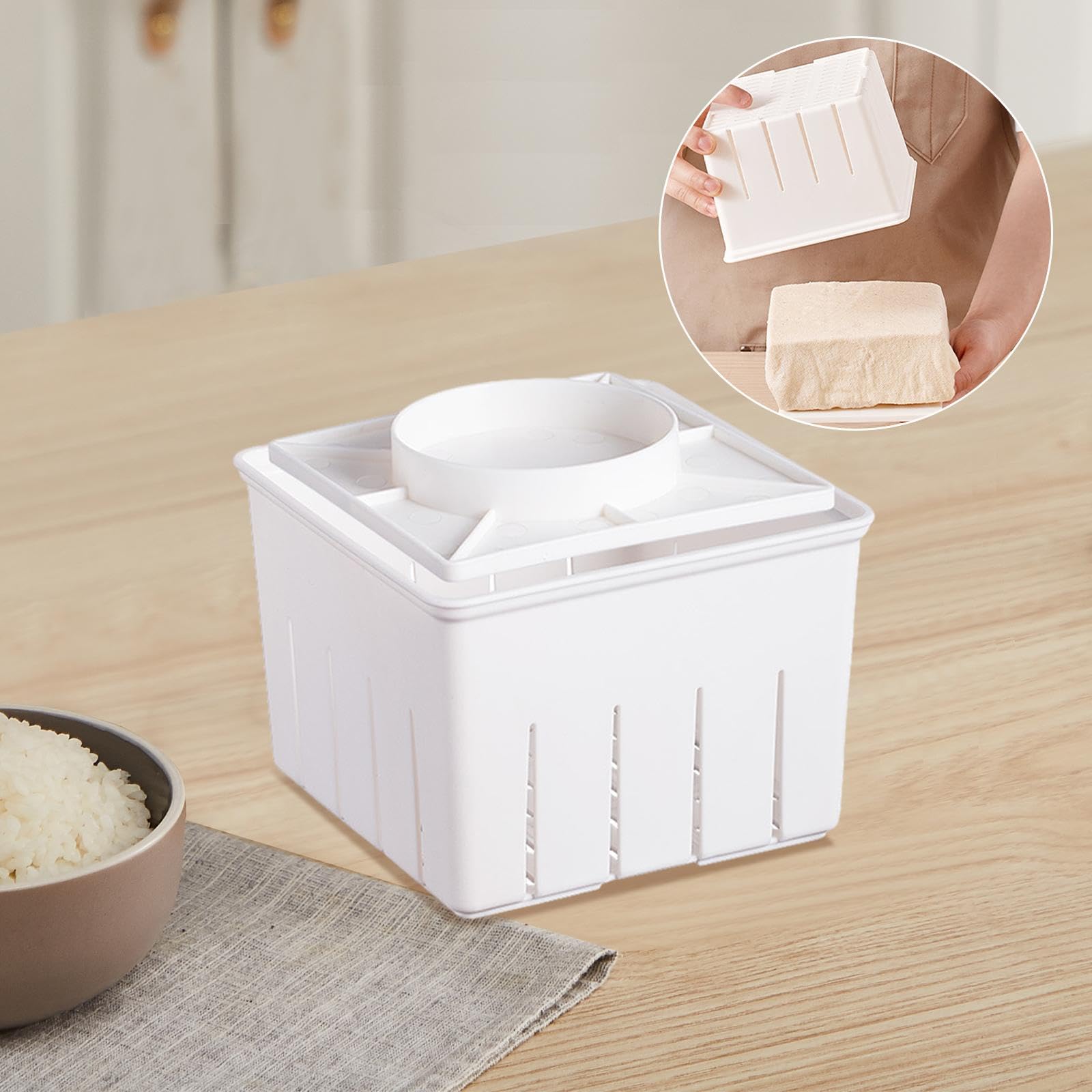 Premium Tofu Press Maker - Stainless Steel Manual Tofu Press for Homemade, DIY Tofu Making (12.8x12.8x9.1cm, White) - Perfect for Kitchen, Vegan Cooking, Meal Prep & Camping Trips
