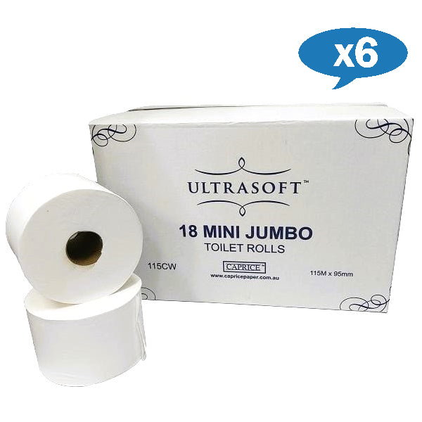 Wholesale Caprice Ultrasoft Mini Jumbo Toilet Paper Roll 115m (377ft) - Bulk Soft Bathroom Tissue for Home, Office & Commercial Use