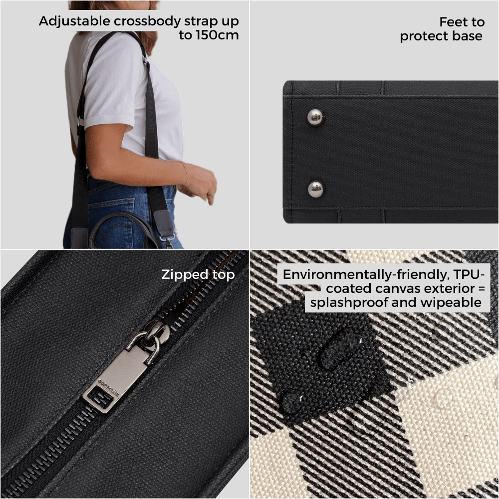 Micro Bon Vivant Structured Tote Bag - Black Houndstooth Pattern Handbag for Women | Stylish Work Bag, Travel Tote & Everyday Purse for Office, Shopping & Commute