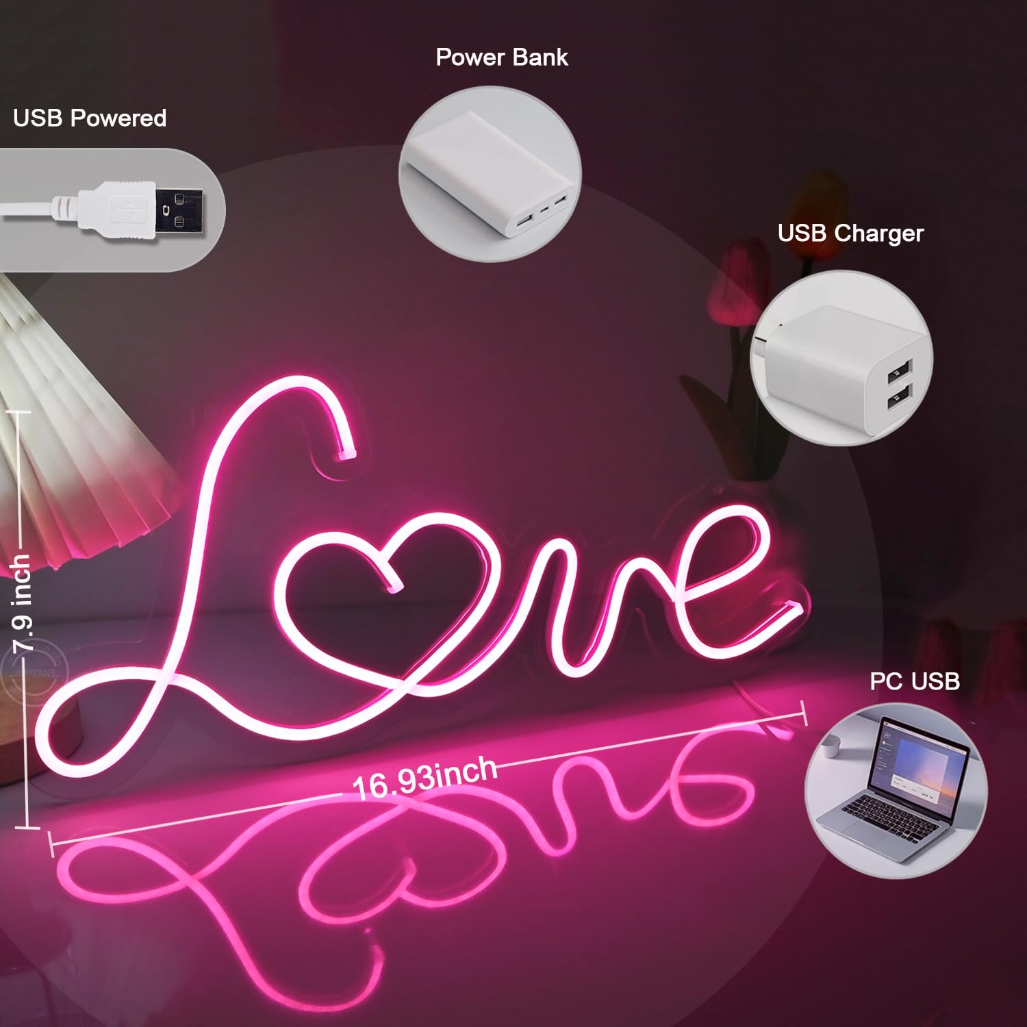 Britrio LED Neon Light Sign - Pink Love Wall Decor for Bedroom, Living Room, Home - Perfect Gift for Women, Wife, Girlfriend - Valentine's Day, Christmas, Birthday - USB Powered 17”x8” Neon Night Light - Create Romantic Ambiance for Date Nights, Parties & Home Decor