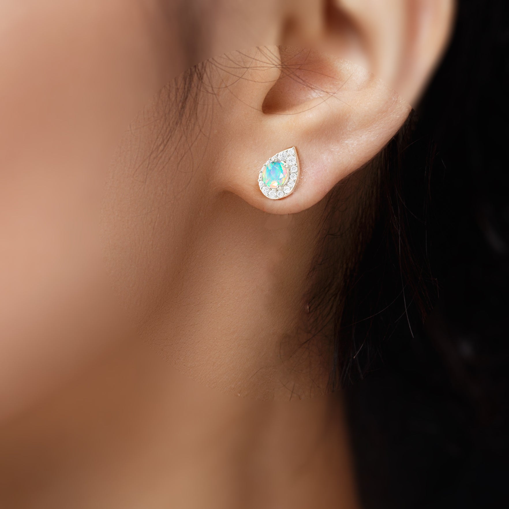 4MM Round Natural White Opal Halo Stud Earrings with Push Back - Elegant Dainty Jewelry for Women, Perfect for Everyday Wear, Parties & Gifts
