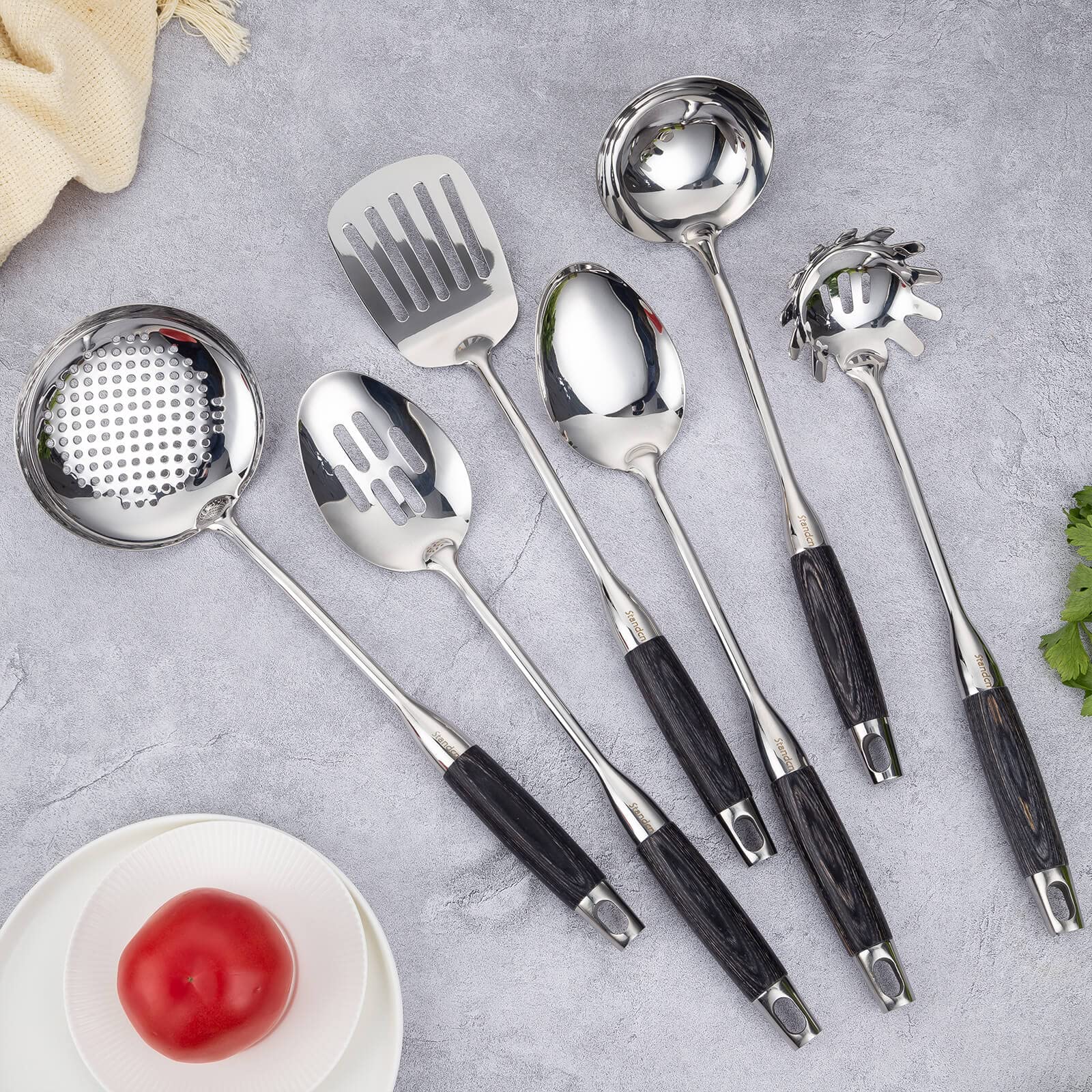 Premium 18/10 Stainless Steel Kitchen Utensil Set with Wooden Handles - 6-Piece Cooking Tools Including Slotted Spoon, Solid Spoon, Turner, Skimmer, Soup Ladle & Pasta Spoon (15
