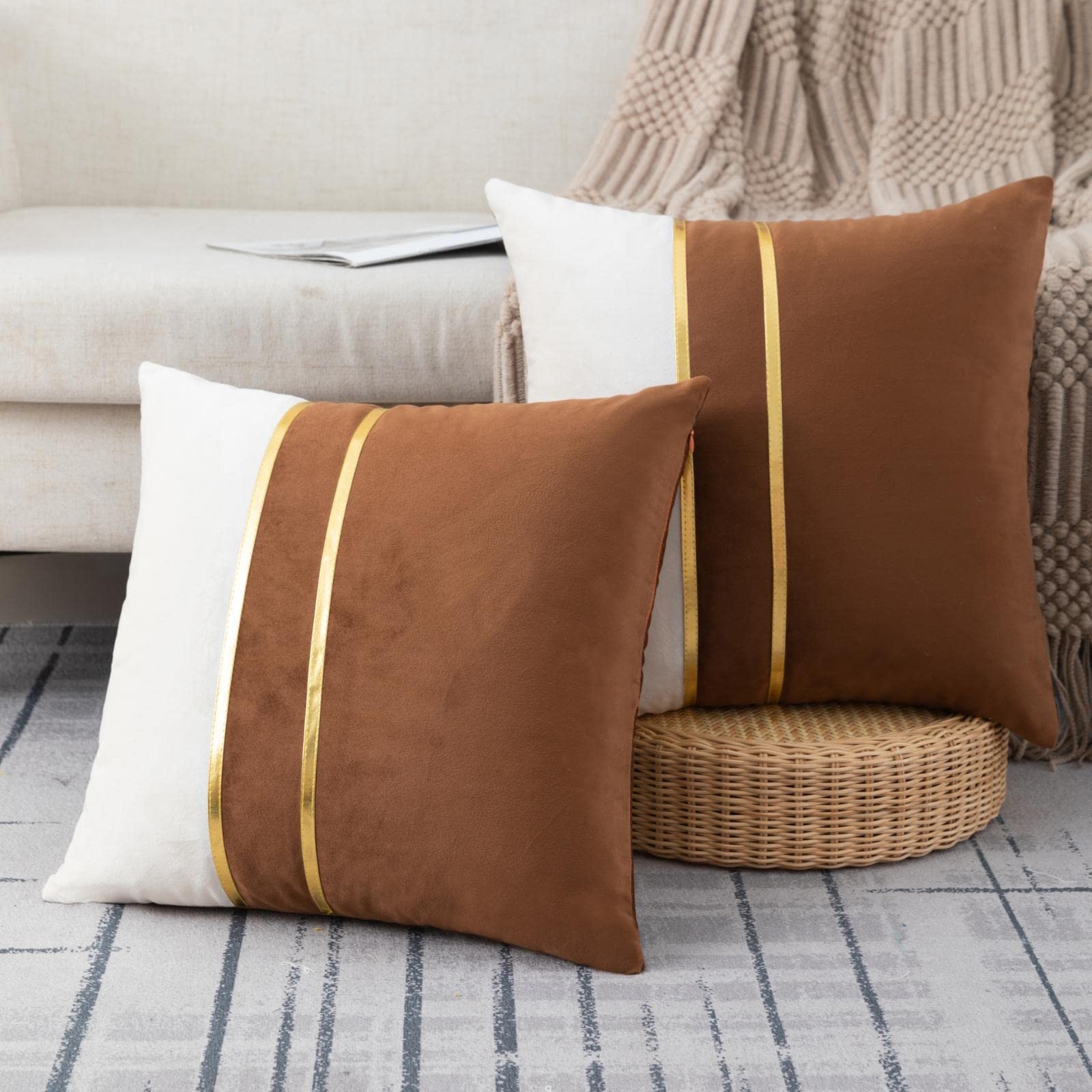ZLINA Set of 2 Velvet Decorative Throw Pillow Covers - Brown & White Patchwork with Gold Leather Accents (18×18 Inch) for Sofa, Bed & Car - Luxury Cushion Covers for Living Room, Bedroom & Travel Decor