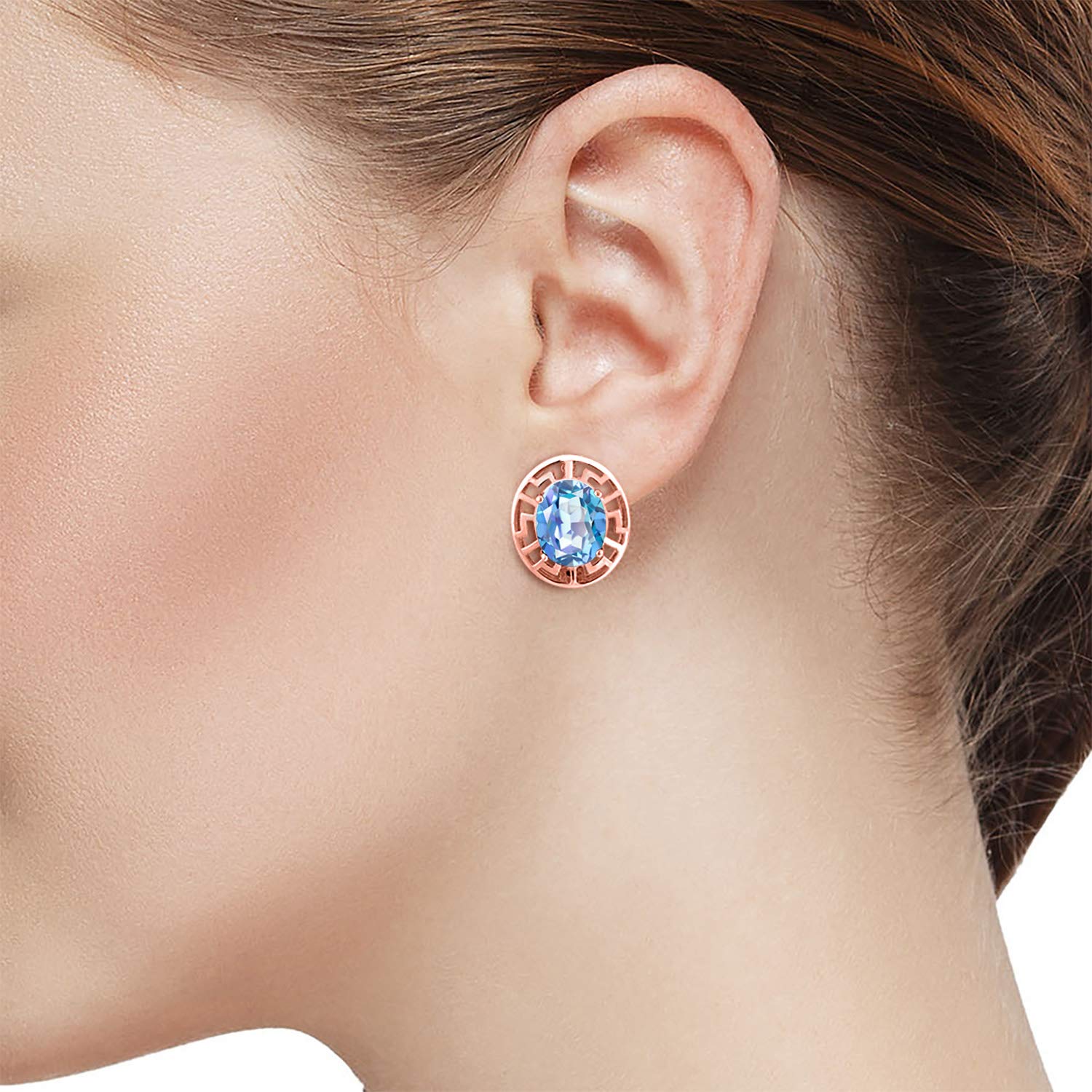18K Rose Gold Plated Silver 10X8MM Oval Birthstone Greek Key Earrings for Women | Fine Jewelry Gifts for Mom, Wife, Her | Perfect for Weddings, Anniversaries & Special Occasions