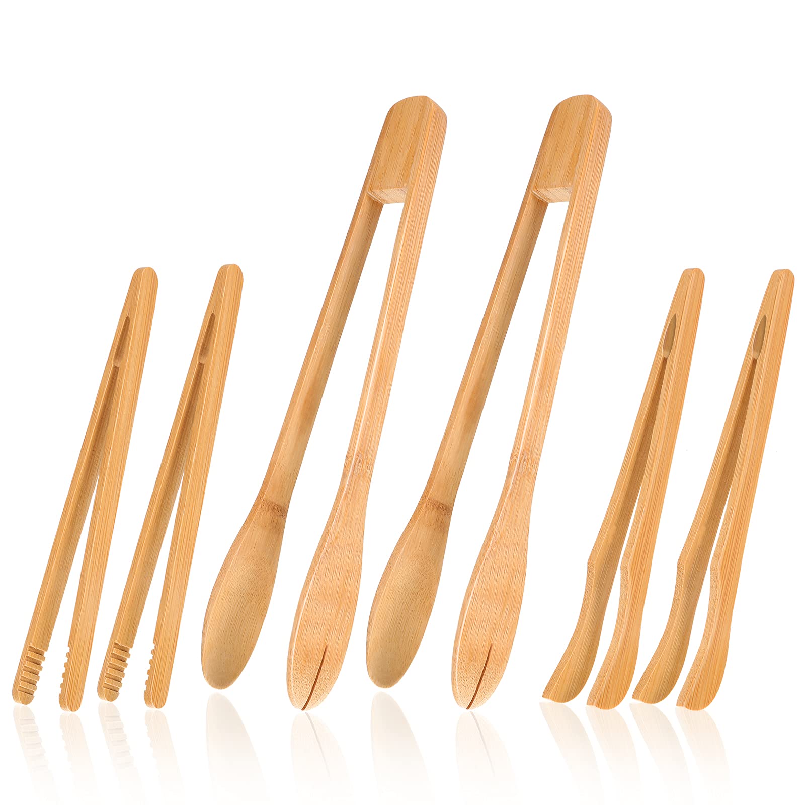 Zopeal 6-Piece Bamboo Kitchen Tongs Set - Long Wooden Cooking Tongs for Toast, Bacon, Cheese, Fruits & Bread - Perfect for BBQ, Baking & Serving