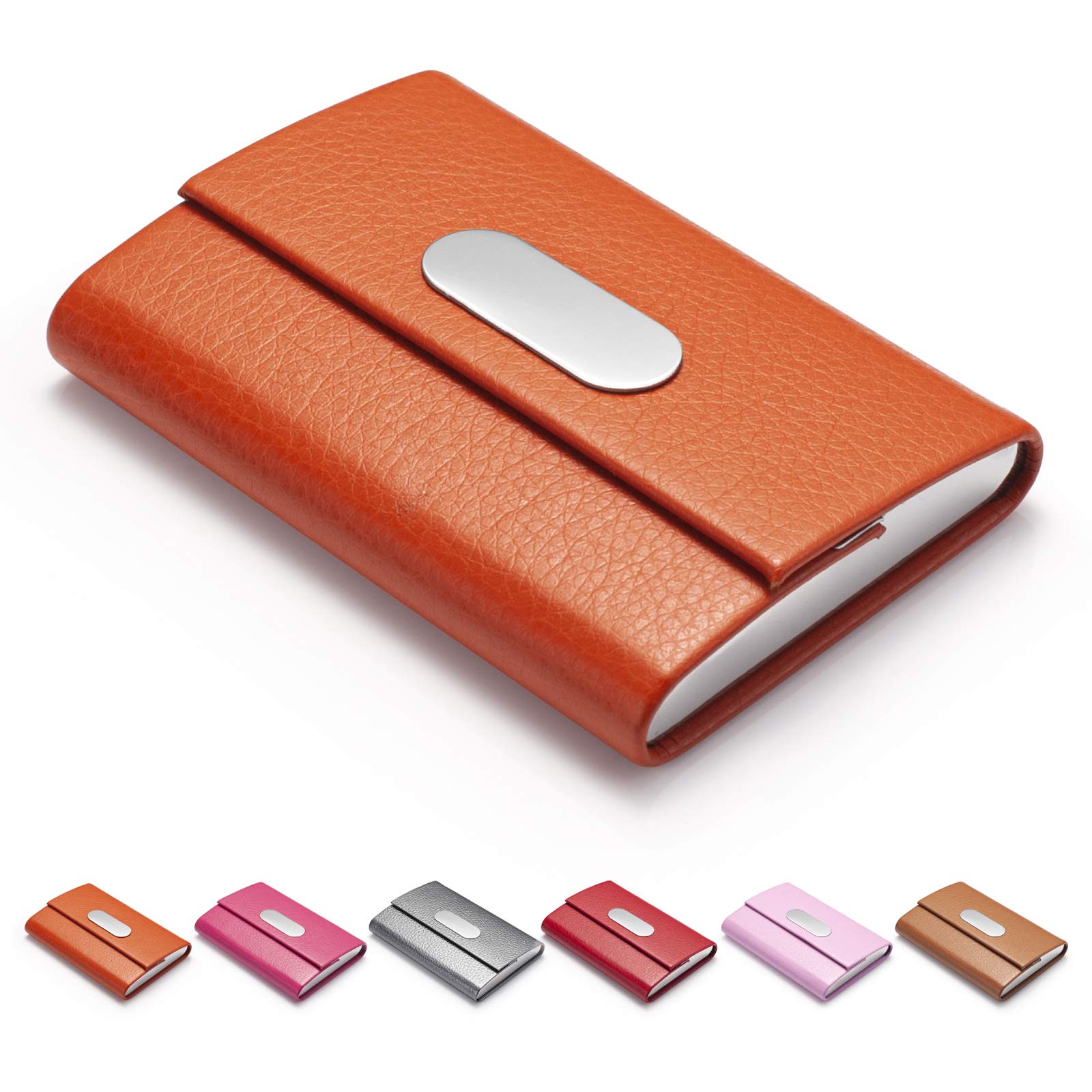Elegant PU Leather & Stainless Steel Business Card Holder for Women - Magnetic Closure Wallet for Credit Cards & Name Cards (Orange) | Perfect for Office Professionals, Networking Events & Business Meetings
