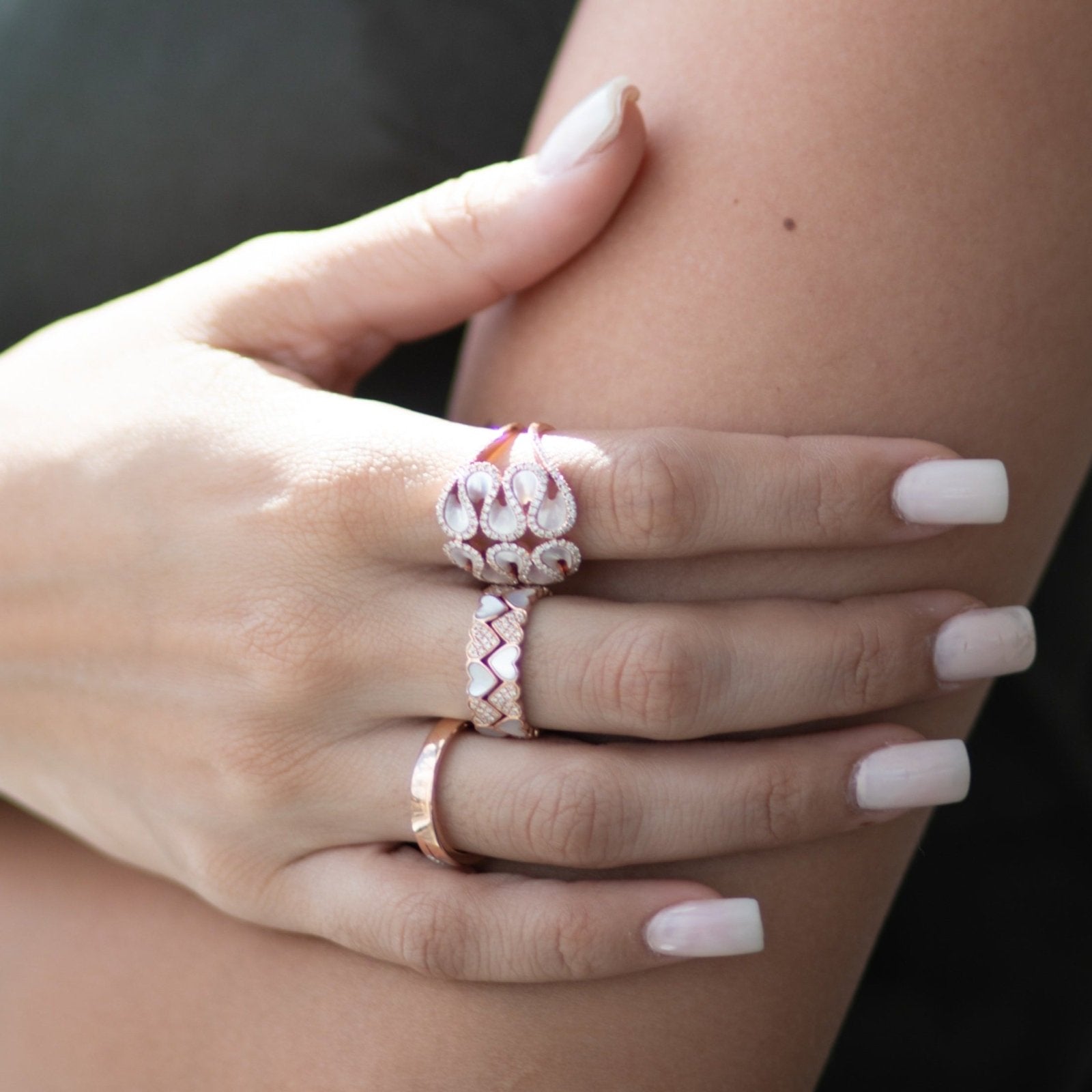 14K Rose Gold Abstract Swirl Mother of Pearl and Diamond Cocktail Ring - Elegant Statement Jewelry for Evening Parties & Special Occasions