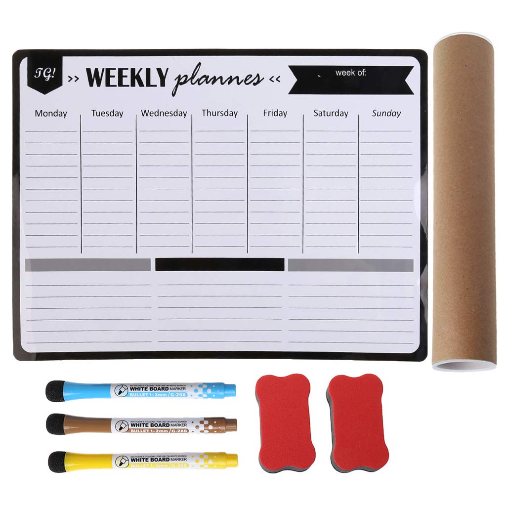 Kamonda Weekly Planner Soft Magnetic Whiteboard - 3 Whiteboard Pens & 2 Erasers Included - Fridge Organizer for Kitchen, Office & Home - Memo Board for Grocery Lists, Reminders & Family Messages