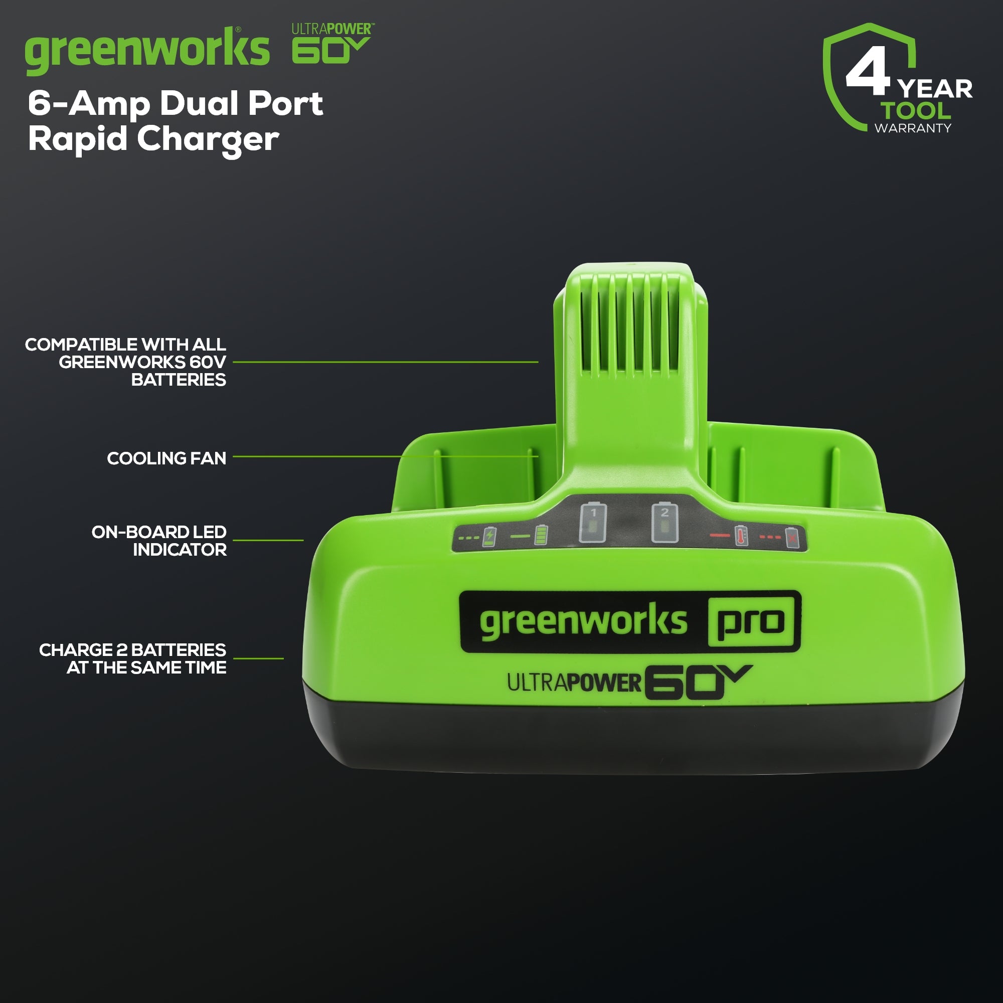 60V 6A Dual Port Fast Battery Charger for E-Bikes, Scooters & Power Tools - High-Efficiency Charging at Home or On the Go