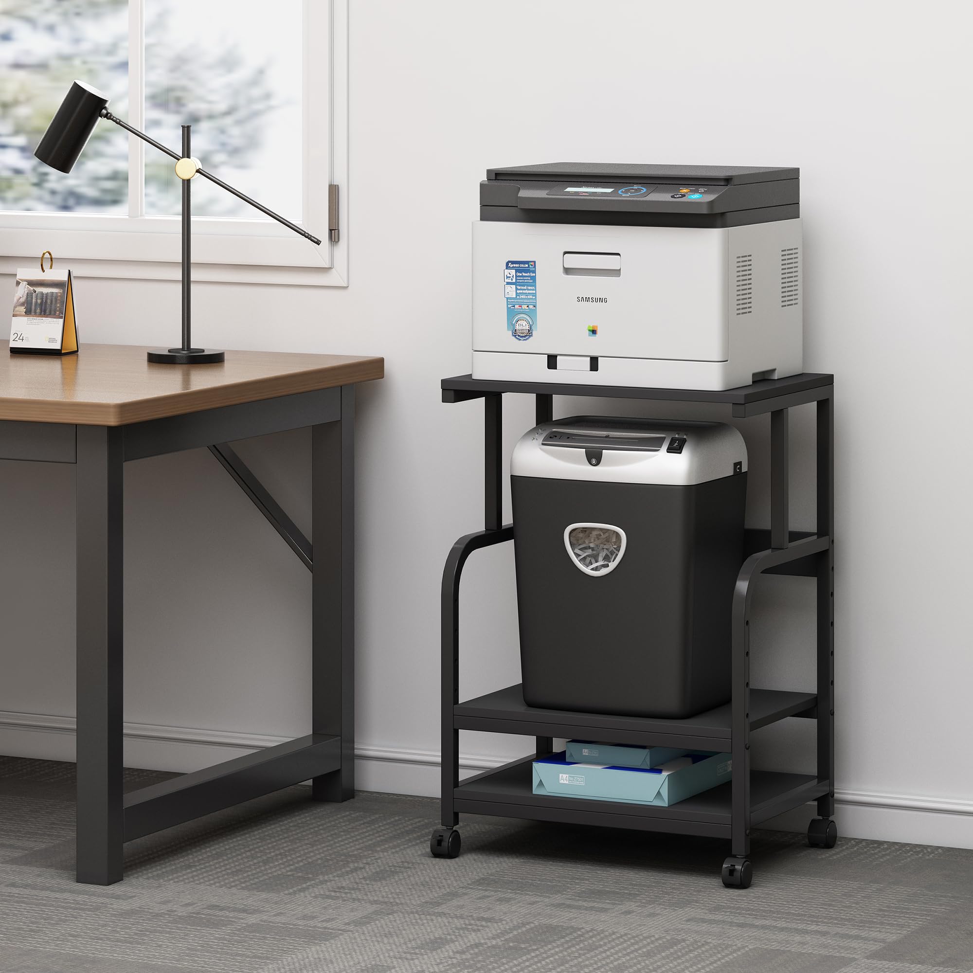 3-Tier Adjustable Height Printer Stand with Rolling Wheels - Black Office Printer Cart for Home & Workspace Organization - Perfect for Small Spaces & Multi-Device Setups