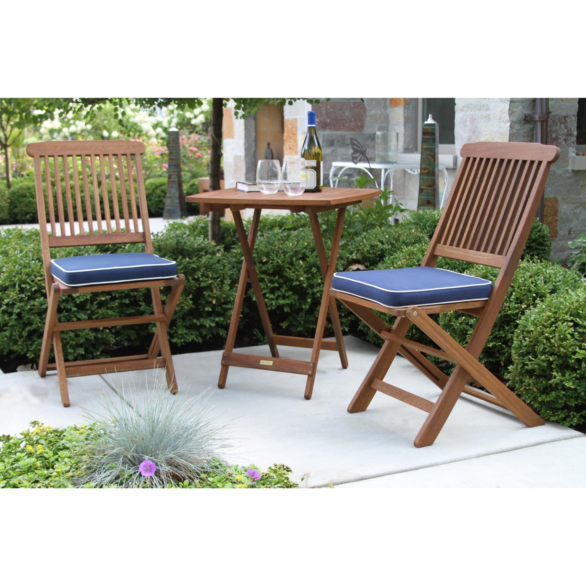 Premium Eucalyptus Wood 3-Piece Foldable Bistro Set - Square Patio Table & 2 Chairs with Blue Cushions - Outdoor Dining Furniture for Garden, Balcony & Backyard