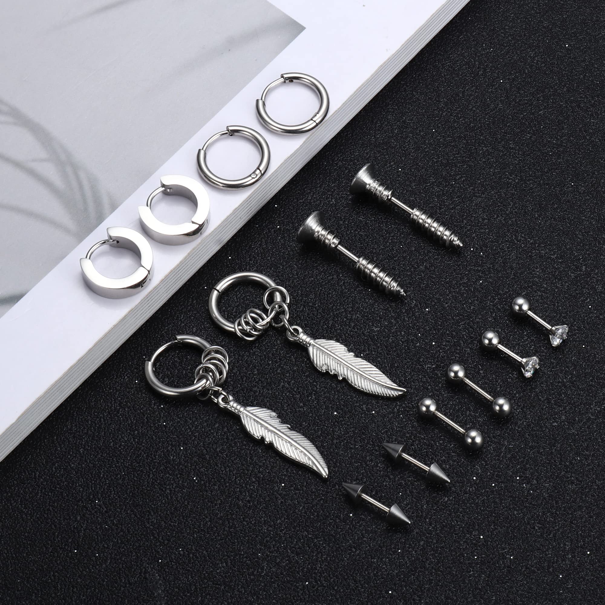 Kakonia 7 Pairs Stainless Steel Earrings for Men & Women - Cool Feather Hoop & CZ Stud Earrings Set in Gold, Silver & Black | Perfect for Parties, Gifts & Everyday Wear