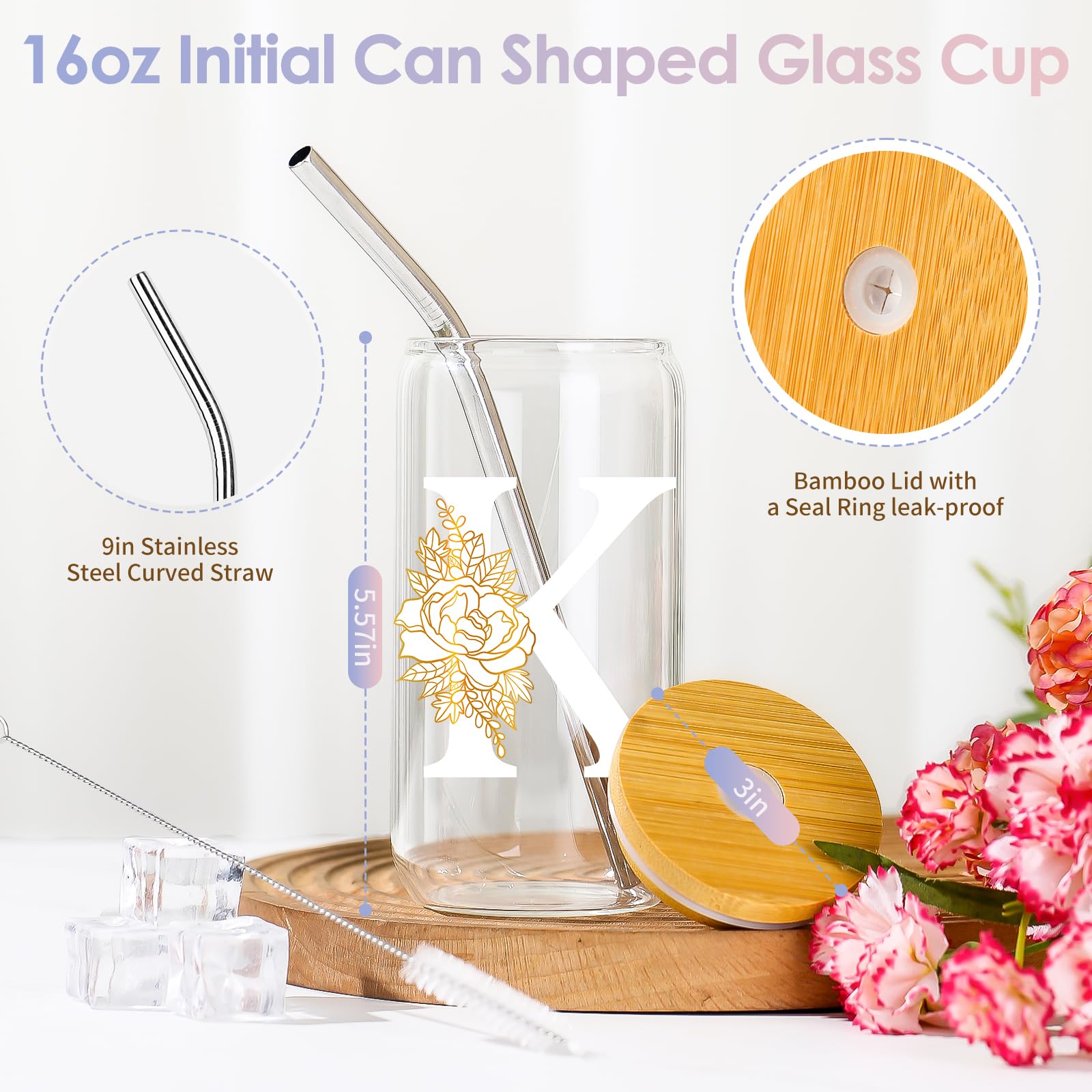 Personalized 16oz Color Changing Glass Tumbler with Lid & Straw - Monogrammed Gift for Women, Mom - Perfect for Iced Coffee, Tea, Smoothies - Great for Christmas, Birthday, Thanksgiving Gifts - Home, Office & Travel Use