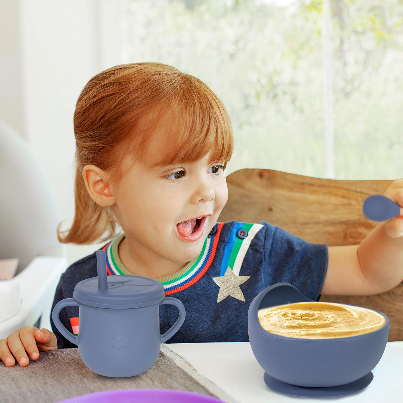 100% Silicone Baby Feeding Set - BPA Free Toddler Dish Set with Suction Bowl, Divided Plate, Spoons, Forks, Sippy Cup & Bib - Self Feeding Utensils for Babies & Kids (Navy Blue) - Perfect for Home, Travel & Daycare Use