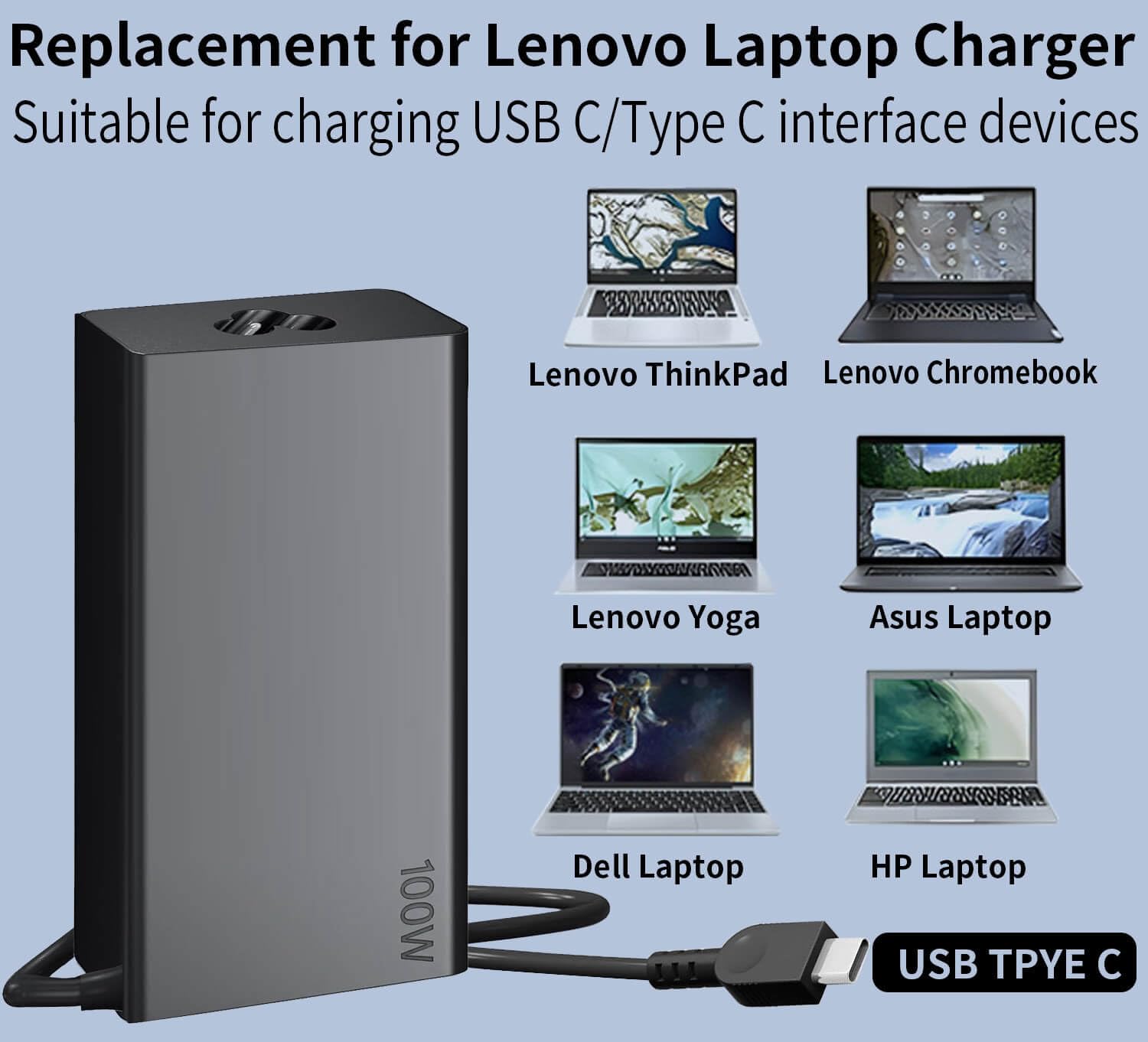 100W USB C Laptop Charger - Slim Fast Charging Adapter for Lenovo ThinkPad/Yoga/Chromebook, MacBook, HP, ASUS, Acer, MSI, Dell - Portable AC Power Adapter for Home, Office & Travel