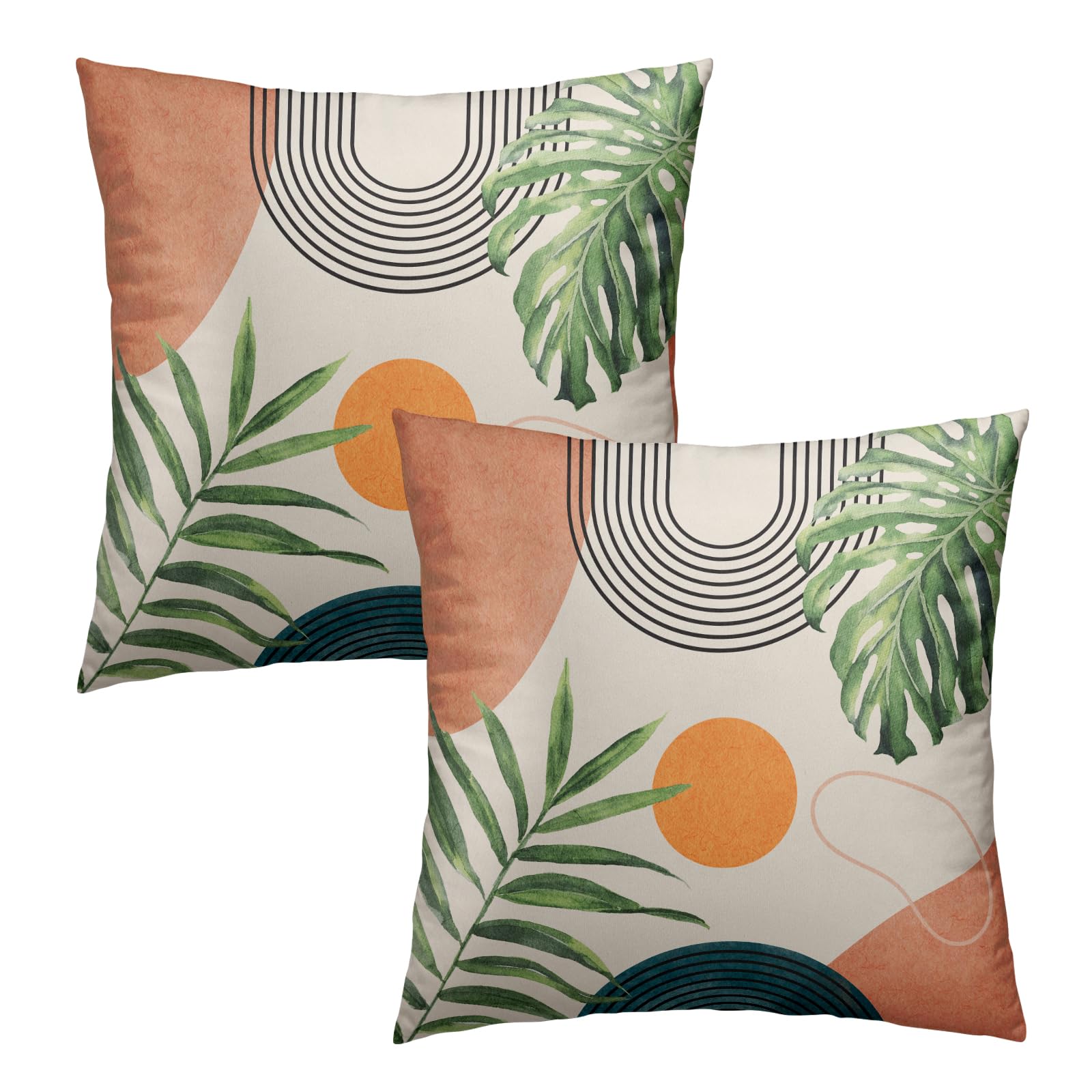 Boho Outdoor Throw Pillow Covers 18x18 Set of 2 - Abstract Art Bohemian Geometric Leaf Pillow Covers in Beige & Orange, Mid Century Modern Style Decor for Bed, Sofa, Living Room & Patio