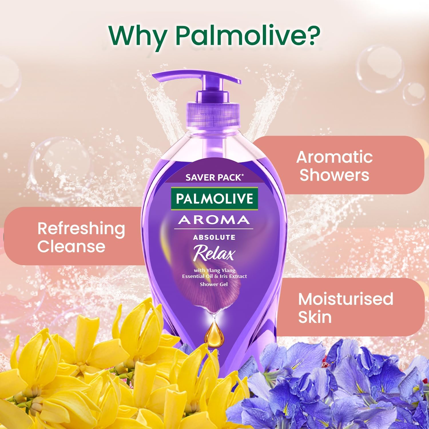 Palm'olive Aroma Absolute Relax Body Wash for Women & Men - 750ml Shower Gel with 100% Natural Ylang Ylang Essential Oil & Iris Extracts | pH Balanced, Soft & Smooth Skin | Single Pump Bottle | Perfect for Daily Shower, Spa & Relaxation at Home