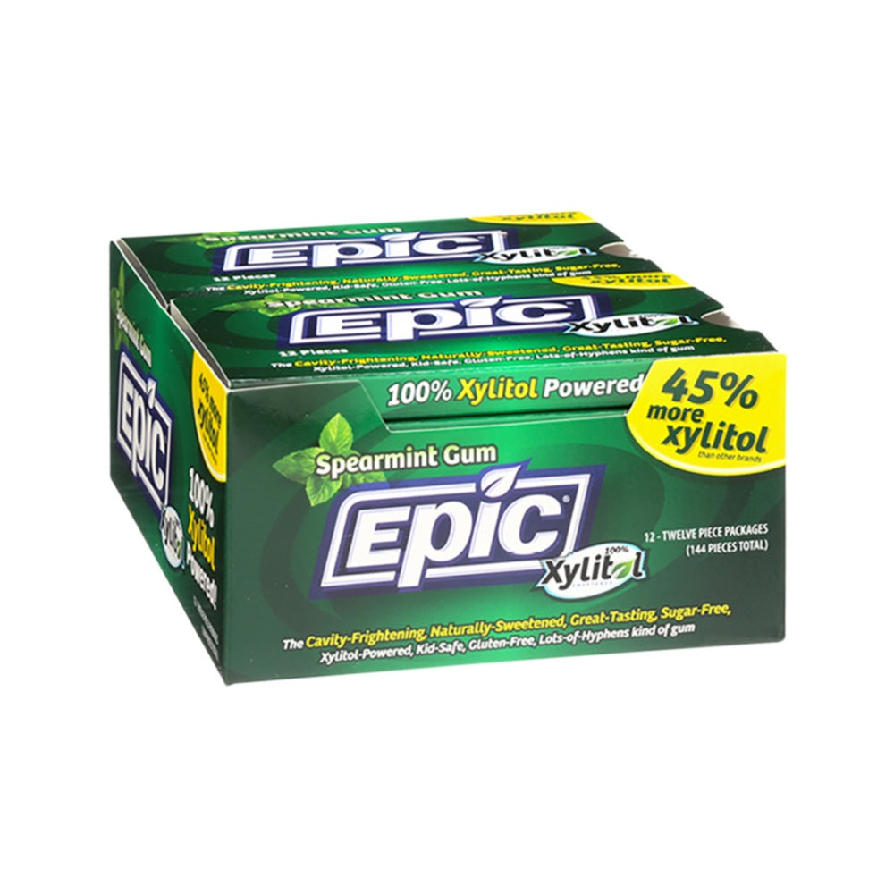 EPIC Xylitol Chewing Gum - Sugar Free Spearmint Flavor, 12 Pack Bulk Display Box | Fresh Breath, Teeth Whitening & Oral Care | Perfect for Office, Travel & Gym