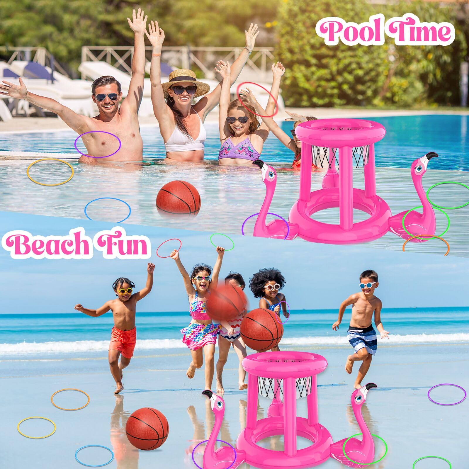 2-in-1 Pool Floats Set - Basketball Hoop & Ring Toss for Kids 8-12 | Summer Water Games