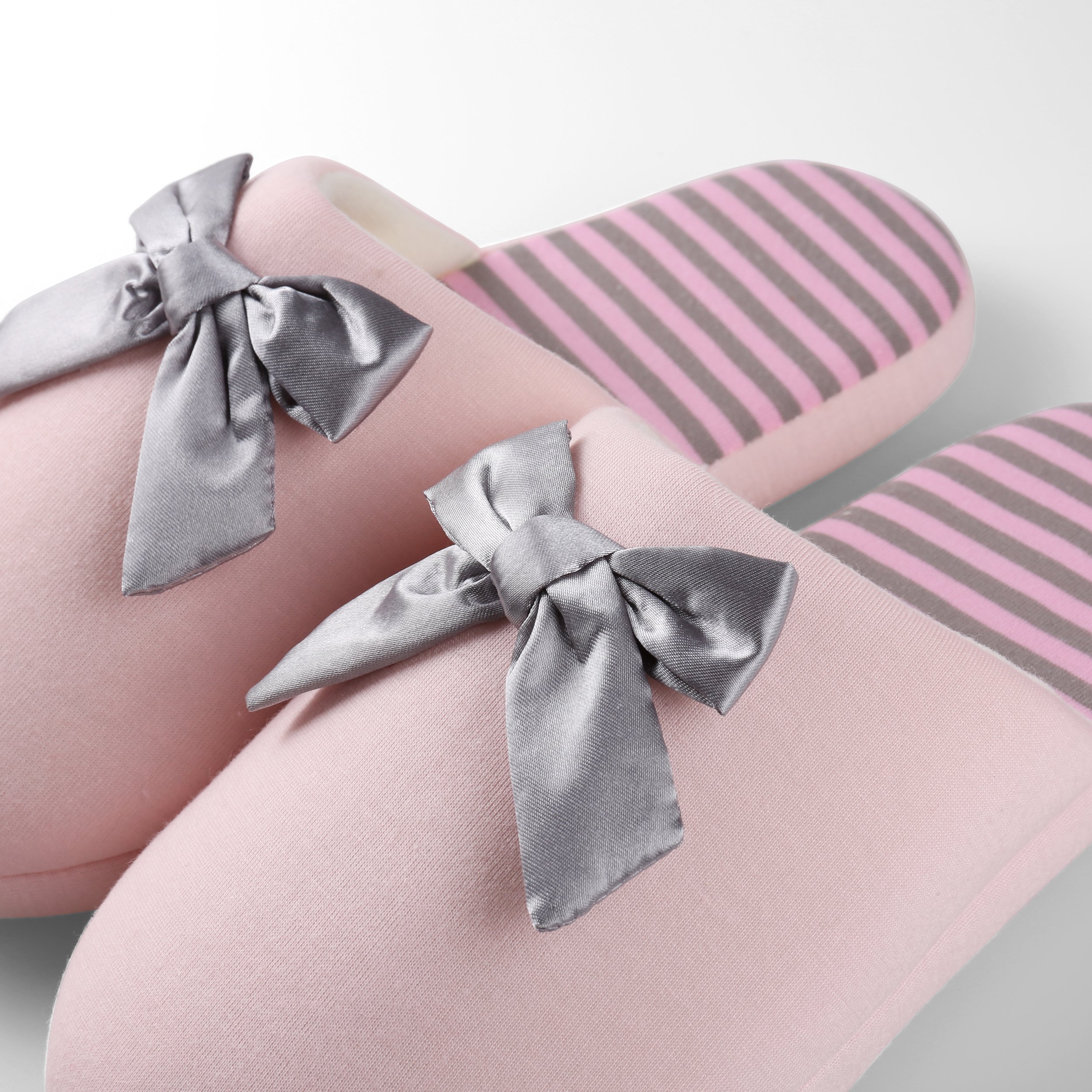 Women's Waffle Stripes Bow Memory Foam Slippers - Soft Indoor House Shoes with Closed Toe for Comfort & Warmth, Pink, Large - Perfect for Lounging, Relaxing at Home & Cold Winter Days