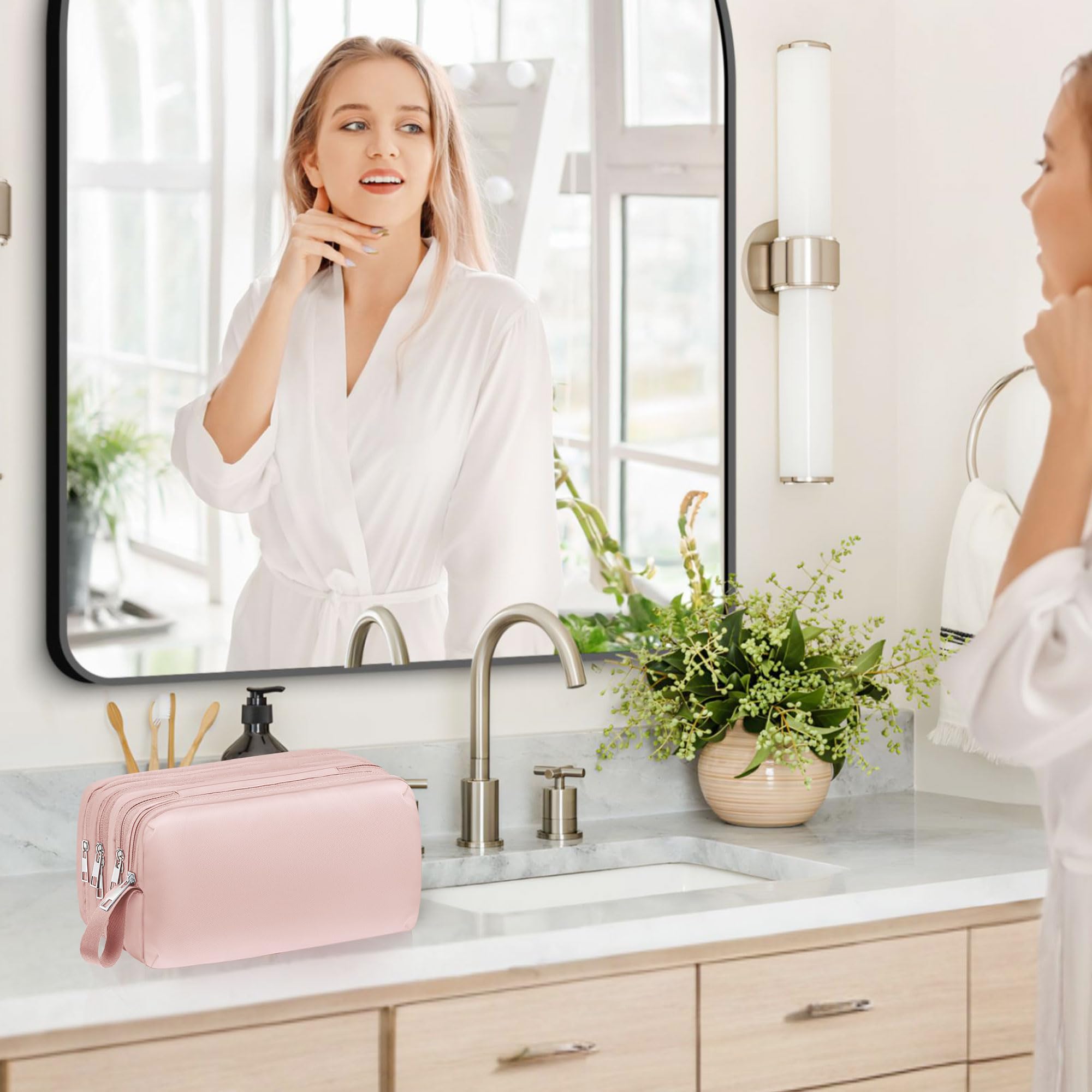 TOPEAST Hanging Travel Toiletry Bag for Women - Waterproof Cosmetic Organizer with Multiple Pockets for Makeup, Shampoo, Skincare | Perfect for Bathroom Door, Hotel Room Essentials & Weekend Getaways (Pink)
