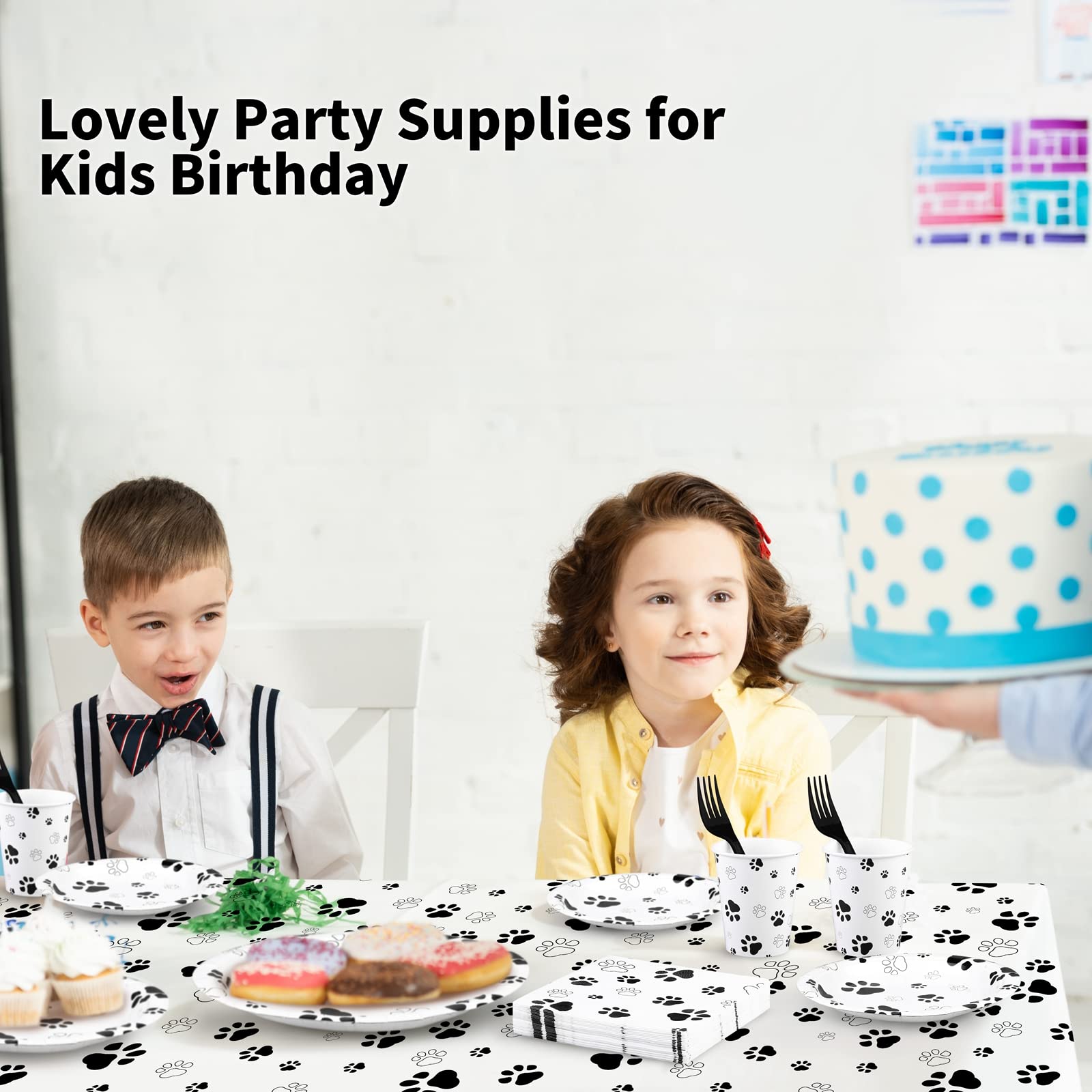 121-Piece Black Paw Print Dog Birthday Party Supplies Set - Tablecloth, Plates, Napkins, Forks & Paper Cups for Puppy Theme Decorations | Perfect for Dog Birthday Parties, Pet Adoption Events & Animal Shelter Fundraisers