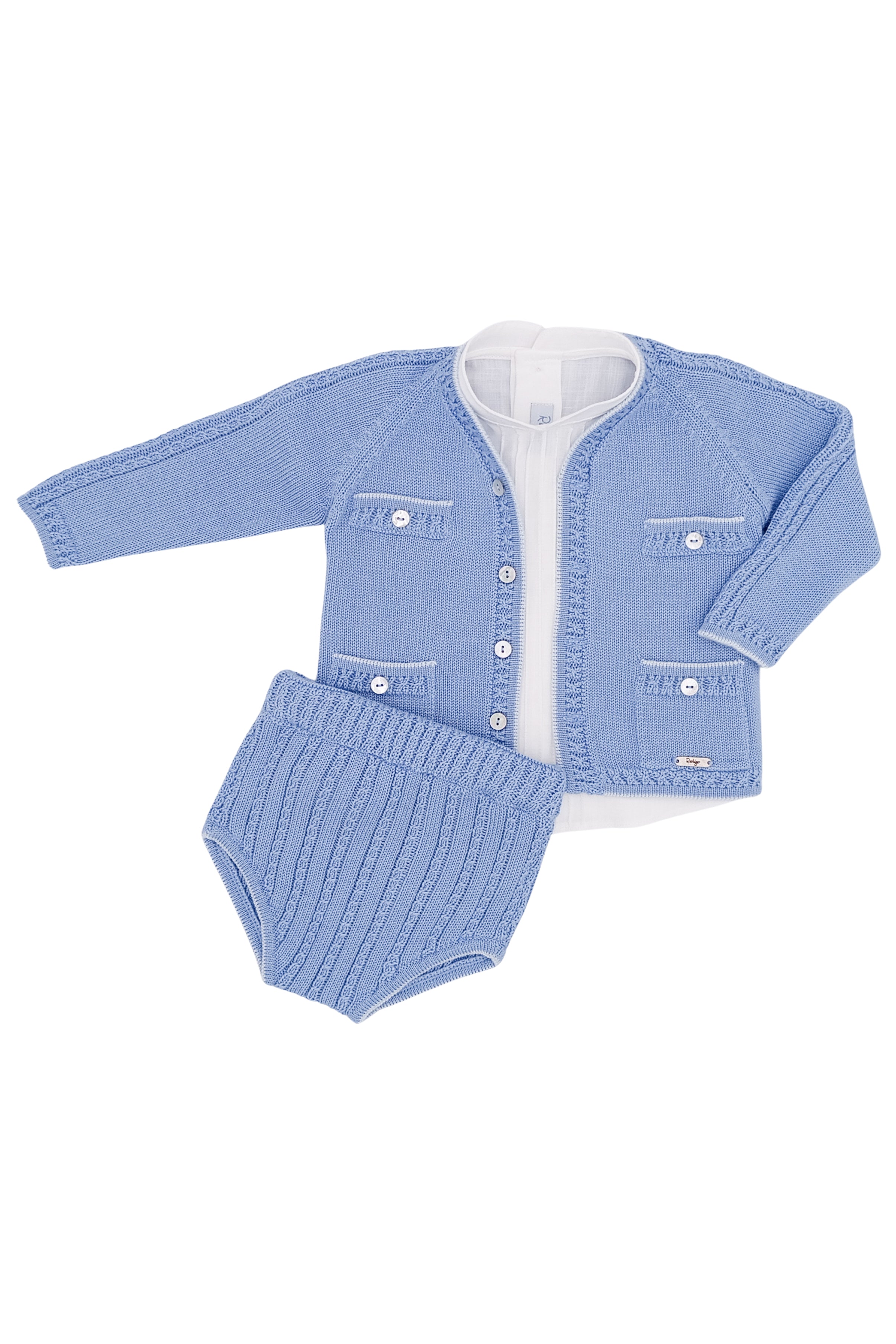 Thomas Sky Blue Knit Cardigan, Button-Up Shirt & Lounge Pants Set - Cozy Outfit for Home, Casual Wear & Family Photos