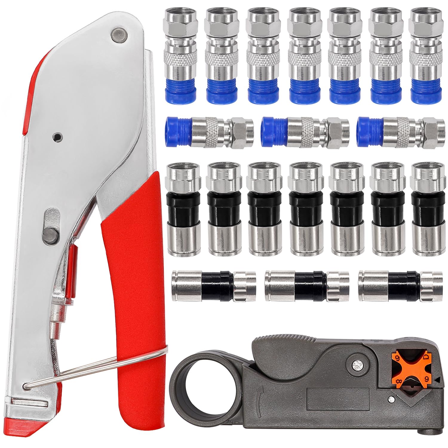 Taiss Coax Cable Crimper Tool Kit - 20 PCS F Style RG59 RG6 Compression Connectors, Coaxial Cable Stripper & Compression Tool - Professional Coaxial Cable Installation Kit for Home Theater, Satellite TV & Internet Setup
