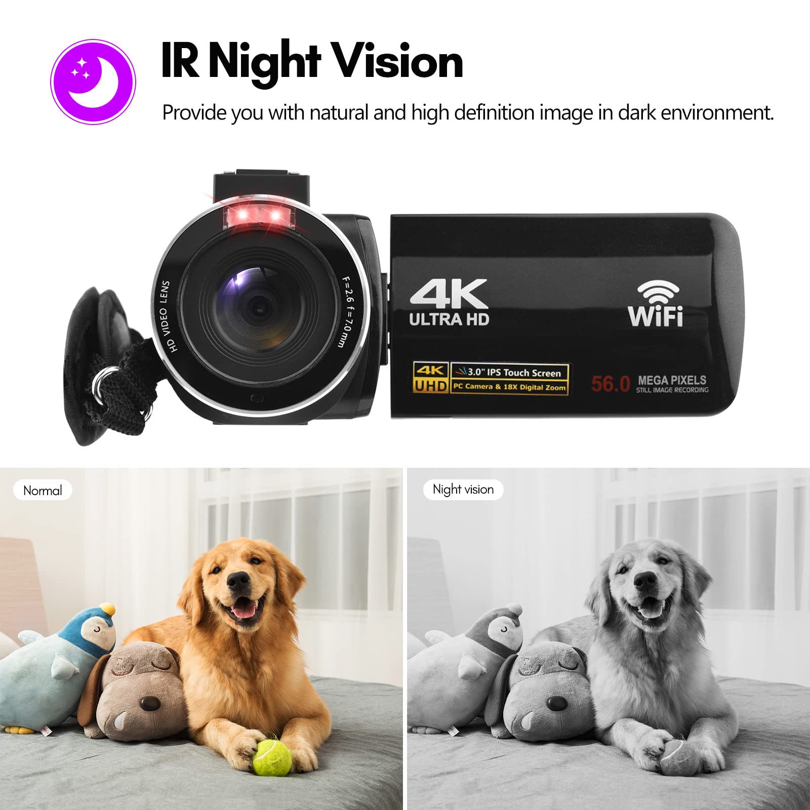 Andoer 4K WiFi Digital Camcorder with 56MP, 18X Zoom, 3