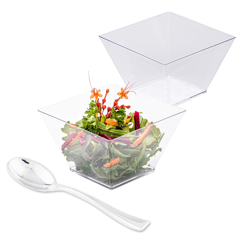 100-Pack 16 oz Square Clear Plastic Kova Bowls with 100 Silver Mini Plastic Spoons - Perfect for Parties, Catering, and Dessert Serving