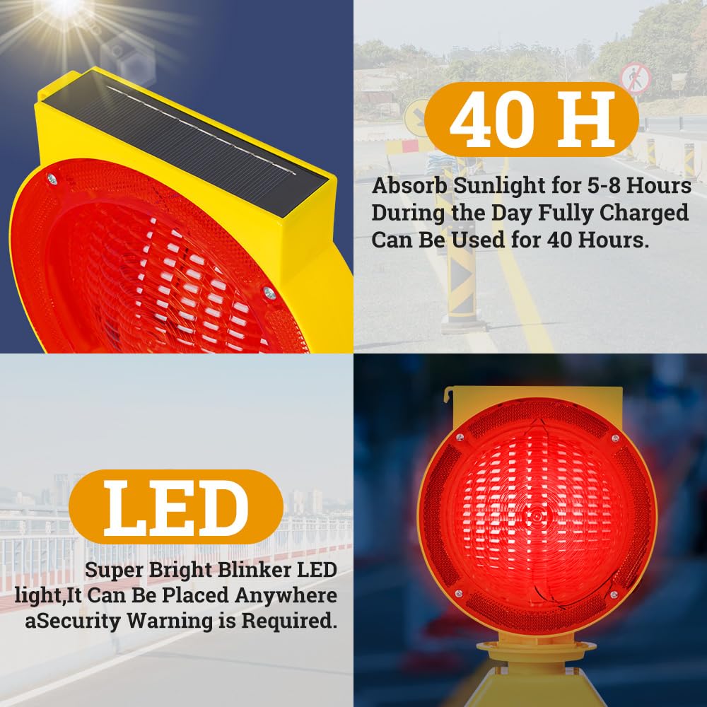 Solar Industrial Warning Lights - Wireless Waterproof Rechargeable Safety Barricade Lights with 2-Sided Amber LED Flashing for Road Construction & Vehicle Emergencies | High Visibility Traffic Signals for Work Zones & Emergency Scenes