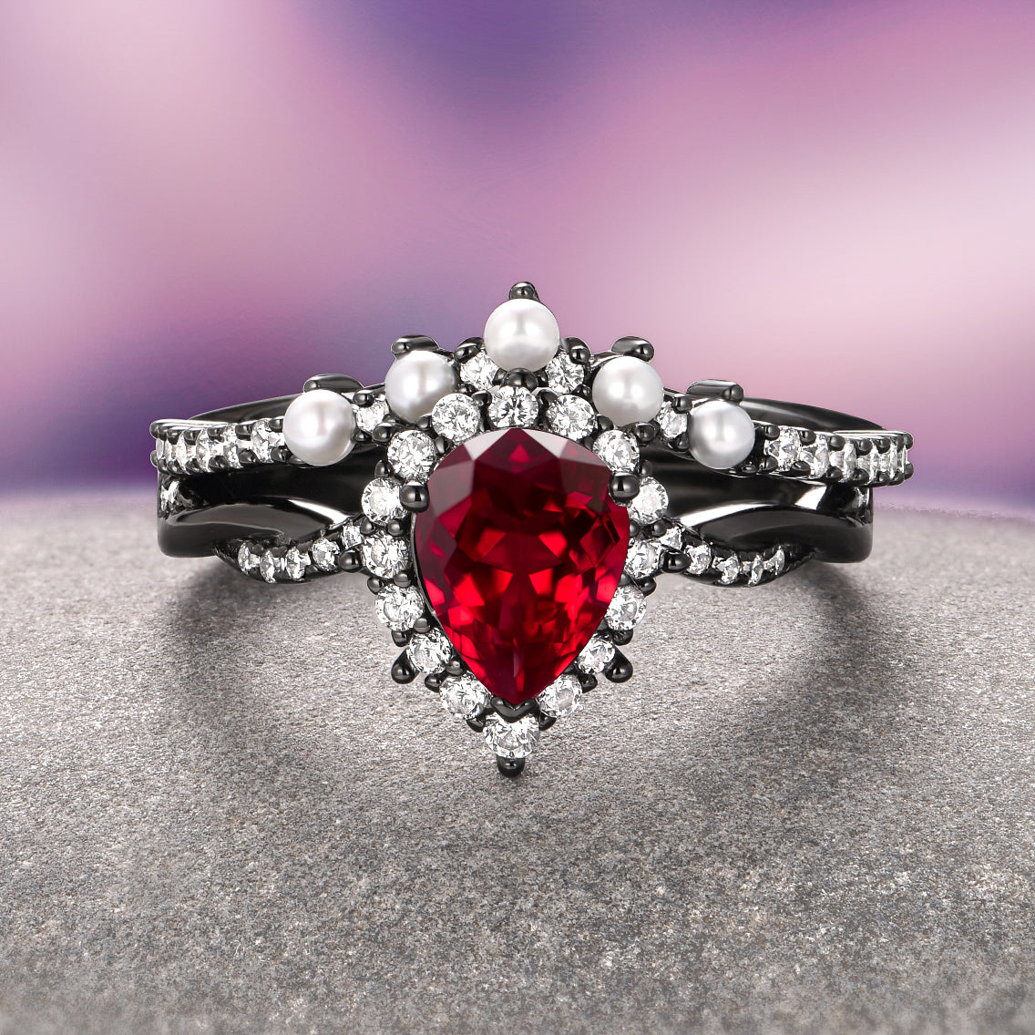 Natural Red Garnet Ring in Black Ruthenium - Elegant Bohemian Jewelry for Women, Perfect for Weddings, Parties & Everyday Wear
