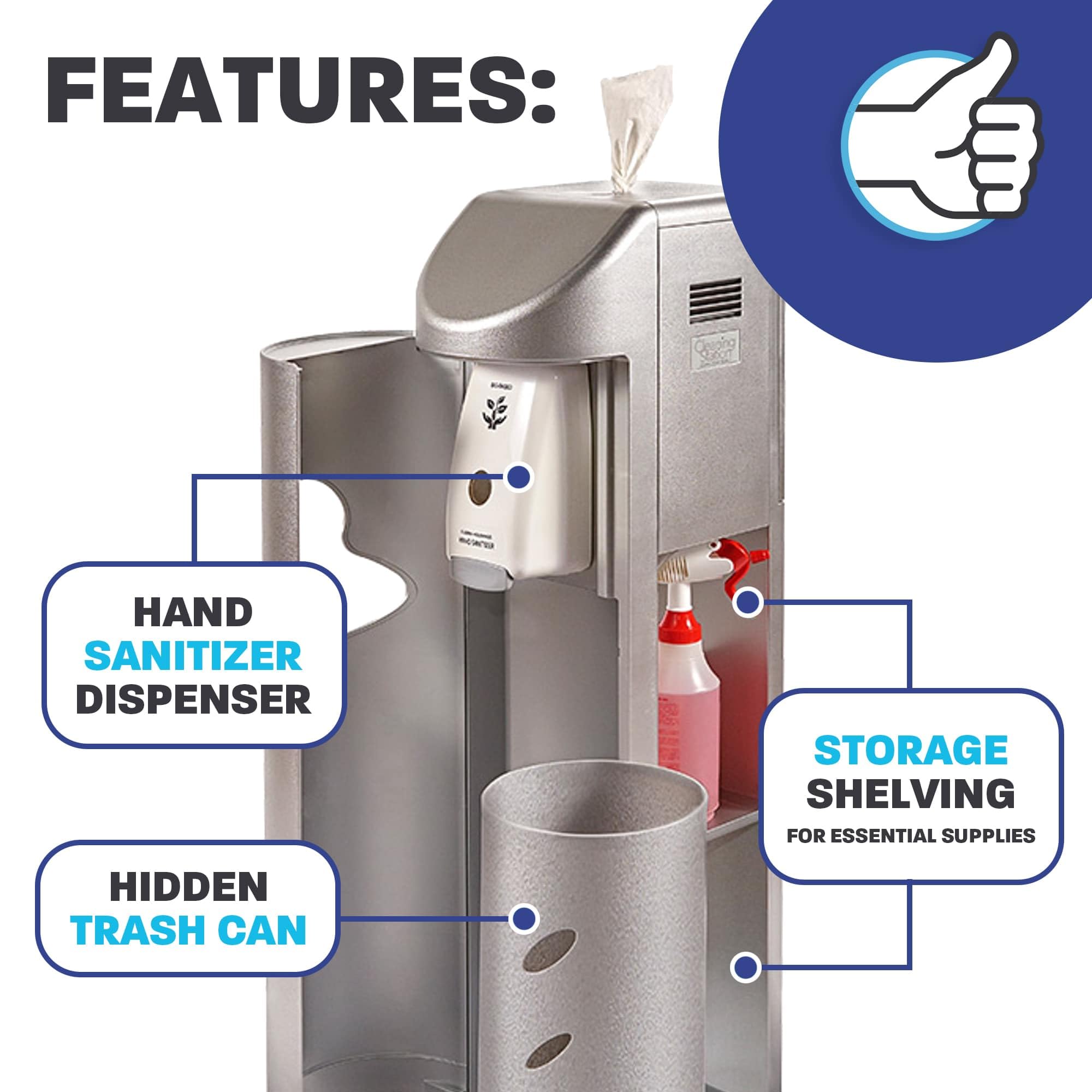 Zogics All-in-One Cleaning Station with Wipes Dispenser, Hand Sanitizer Dispenser, Trash Can & Storage - Silver | Perfect for Gyms, Offices & Public Spaces (1 Station)